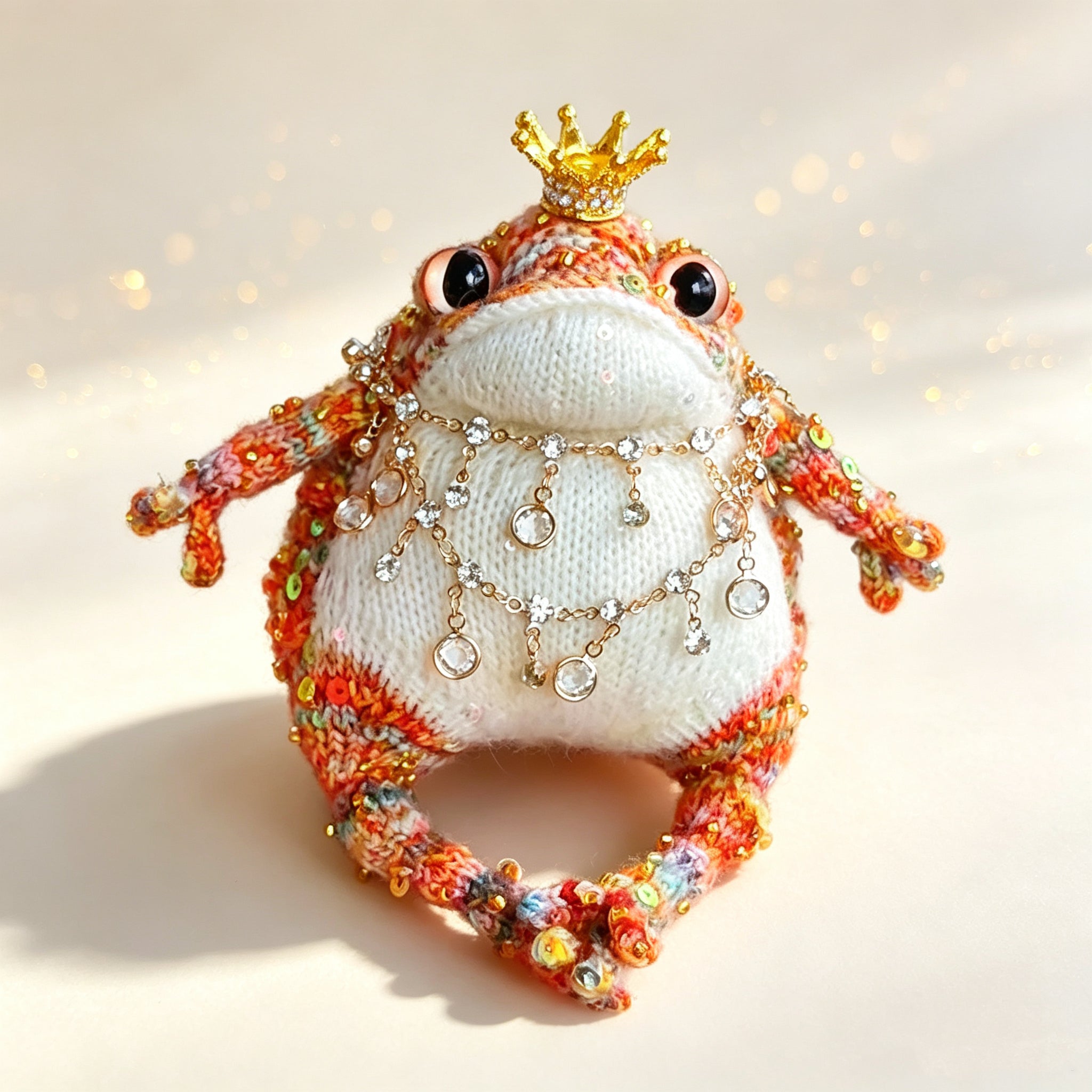 The Crowned Jewel King – Hand-Knitted Royal Toad Figurine with Gold Crown, Layered Jewel Necklaces, Sequin-Embellished Body, Beaded Limbs &amp; Plump Creamy Belly | The Third Space
