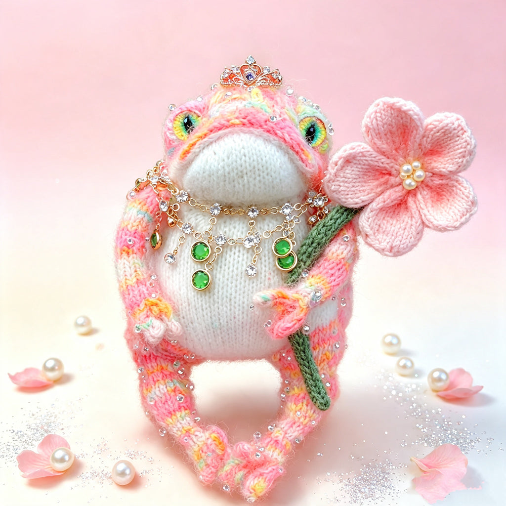 The Toad Princess of the Fairy-Tale Garden – Hand-Knitted Pink Figurine with Mini Crown, Crystal &amp; Emerald Necklace, Pearl-Center Flower &amp; Sequin-Sparkled Limbs | The Third Space