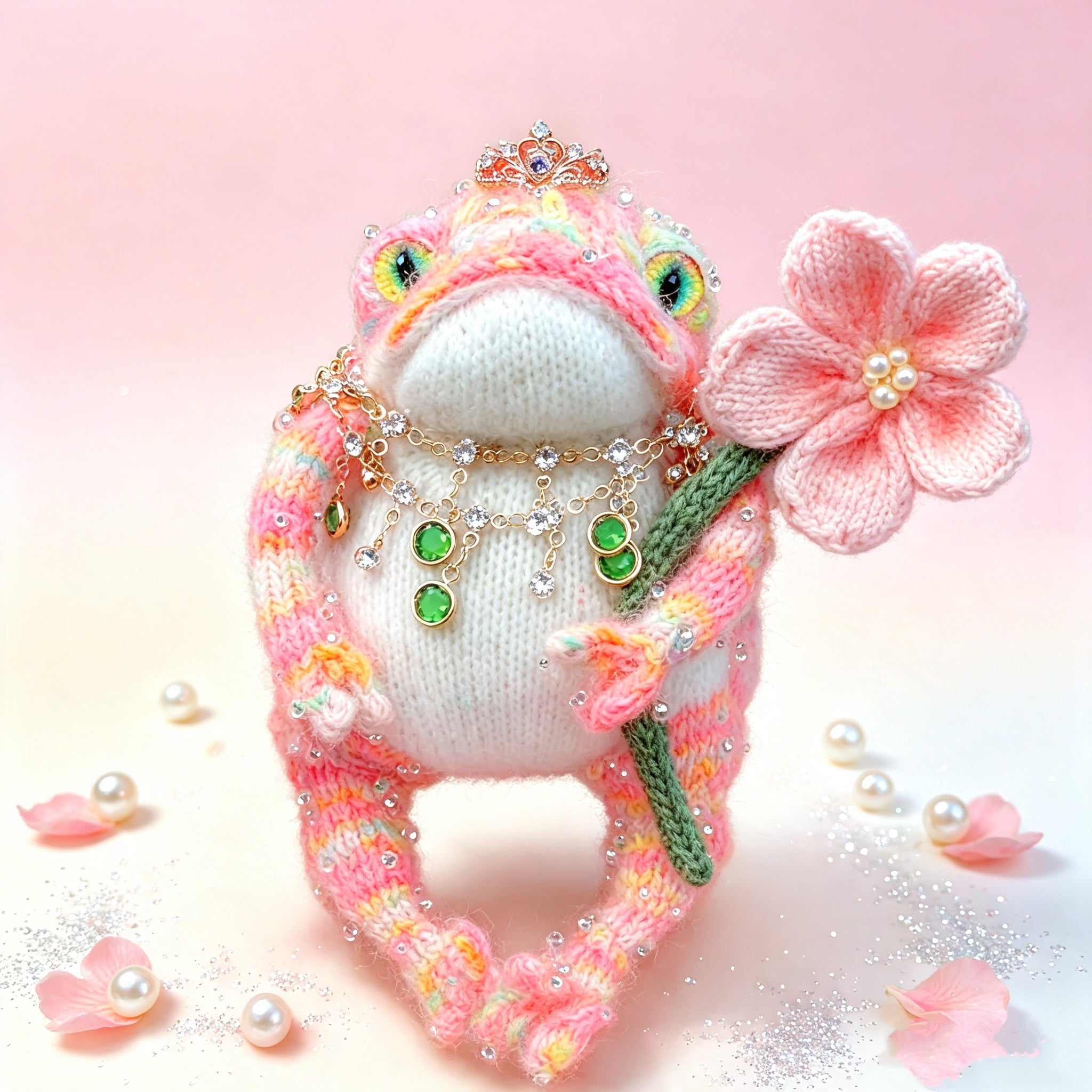 The Toad Princess of the Fairy-Tale Garden – Hand-Knitted Pink Figurine with Mini Crown, Crystal &amp; Emerald Necklace, Pearl-Center Flower &amp; Sequin-Sparkled Limbs | The Third Space