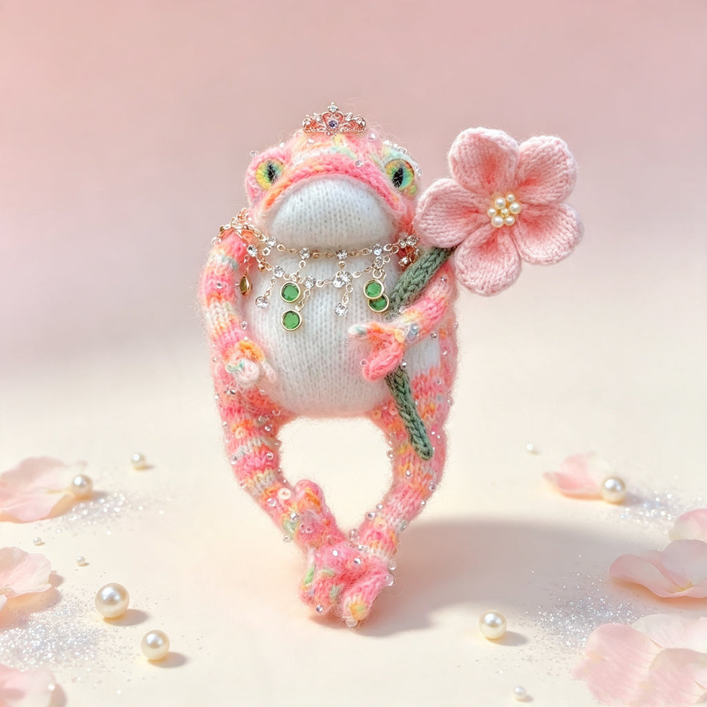 The Toad Princess of the Fairy-Tale Garden – Hand-Knitted Pink Figurine with Mini Crown, Crystal &amp; Emerald Necklace, Pearl-Center Flower &amp; Sequin-Sparkled Limbs | The Third Space