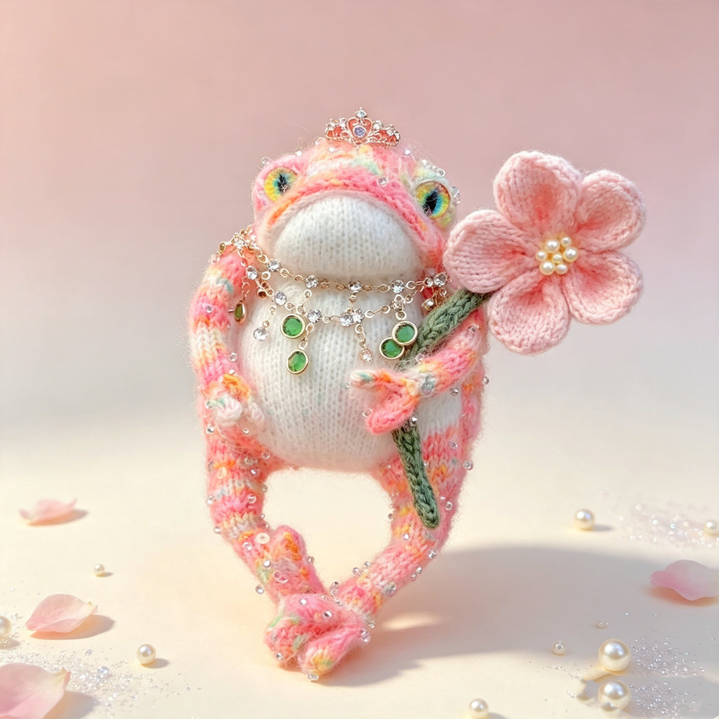 The Toad Princess of the Fairy-Tale Garden – Hand-Knitted Pink Figurine with Mini Crown, Crystal &amp; Emerald Necklace, Pearl-Center Flower &amp; Sequin-Sparkled Limbs | The Third Space
