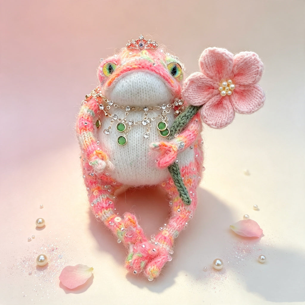The Toad Princess of the Fairy-Tale Garden – Hand-Knitted Pink Figurine with Mini Crown, Crystal &amp; Emerald Necklace, Pearl-Center Flower &amp; Sequin-Sparkled Limbs | The Third Space