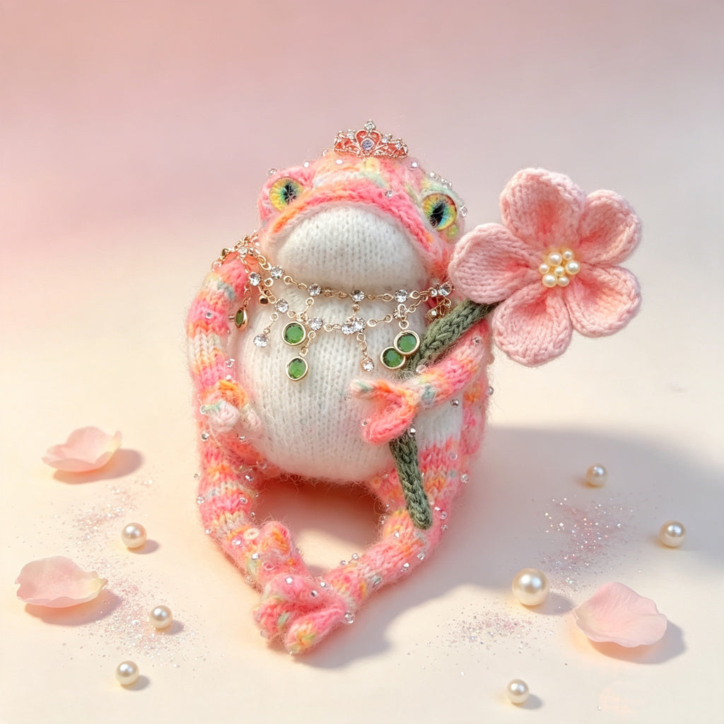 The Toad Princess of the Fairy-Tale Garden – Hand-Knitted Pink Figurine with Mini Crown, Crystal &amp; Emerald Necklace, Pearl-Center Flower &amp; Sequin-Sparkled Limbs | The Third Space