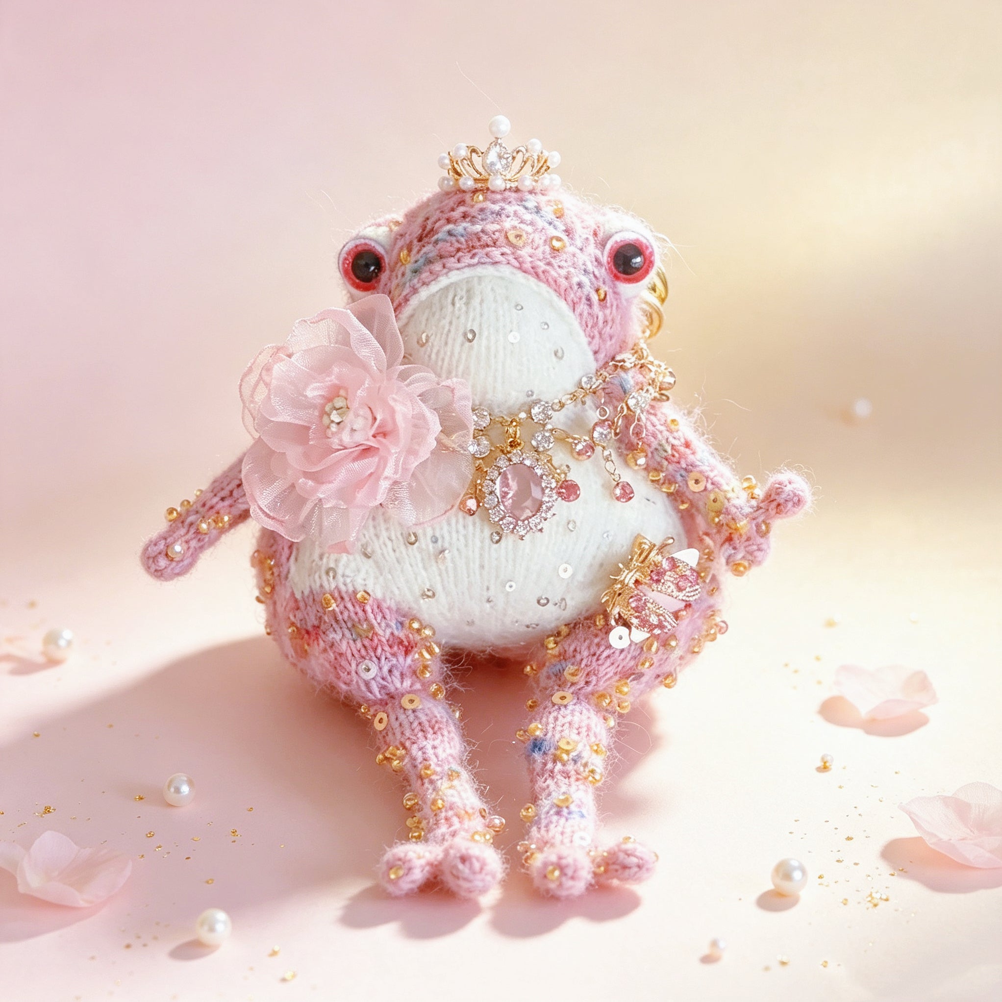 The Princess Toad Who Carried a Ruby Heart – Hand-Knitted Pink Figurine with Pearl Crystal Crown, Heart Pendant Necklace, Ladybug Brooch, Tulle Flower &amp; Sequin-Starred Limbs | The Third Space