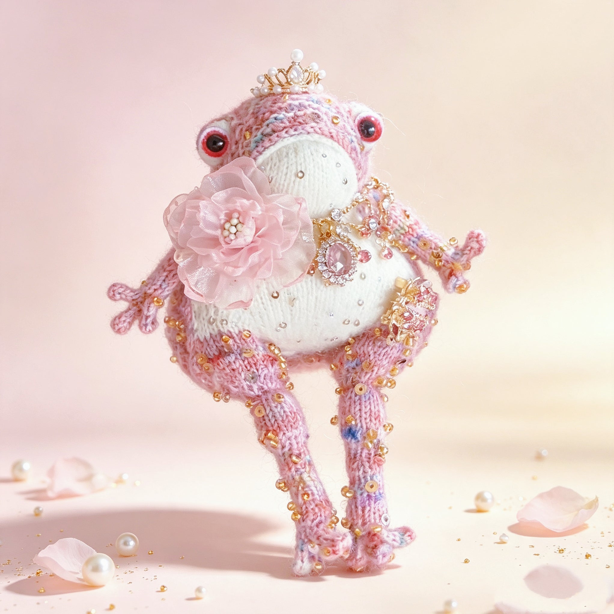 The Princess Toad Who Carried a Ruby Heart – Hand-Knitted Pink Figurine with Pearl Crystal Crown, Heart Pendant Necklace, Ladybug Brooch, Tulle Flower &amp; Sequin-Starred Limbs | The Third Space