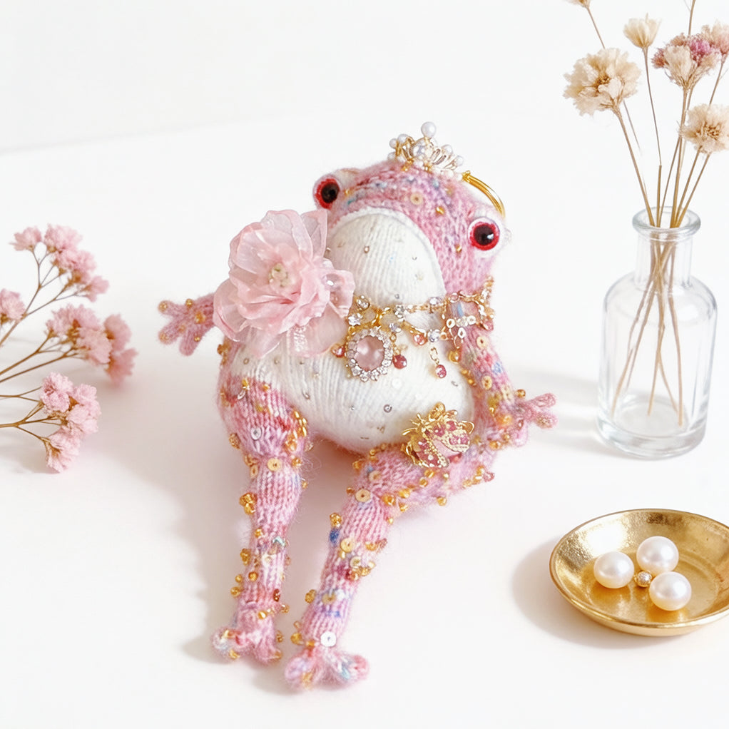 The Princess Toad Who Carried a Ruby Heart – Hand-Knitted Pink Figurine with Pearl Crystal Crown, Heart Pendant Necklace, Ladybug Brooch, Tulle Flower &amp; Sequin-Starred Limbs | The Third Space