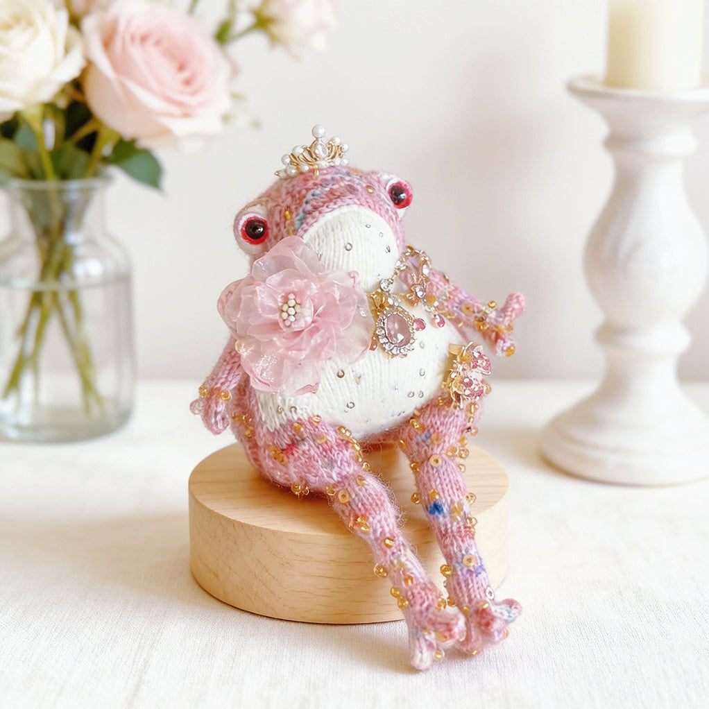 The Princess Toad Who Carried a Ruby Heart – Hand-Knitted Pink Figurine with Pearl Crystal Crown, Heart Pendant Necklace, Ladybug Brooch, Tulle Flower &amp; Sequin-Starred Limbs | The Third Space
