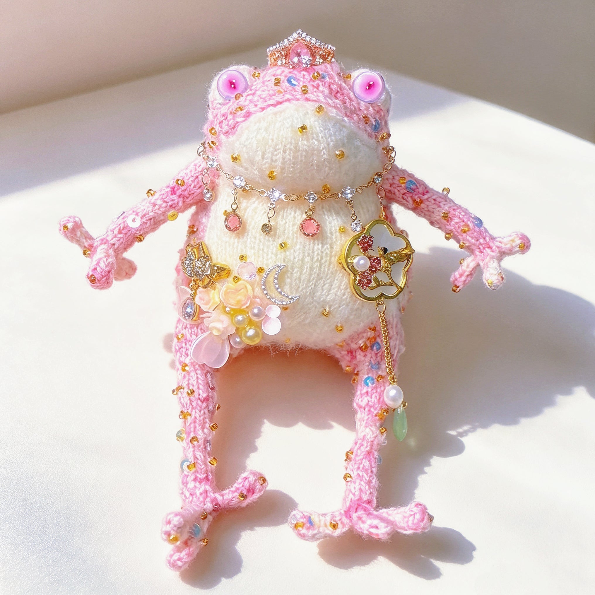 The Crowned Royal Lovers – Set of 2 Hand-Knitted Bejeweled Toads: Pink Princess with Crystal Crown, Star-Moon Charms &amp; Golden Fan, Green Prince with Black Crystal Crown, Gold Chains &amp; Tiny Frog Companion | The Third Space
