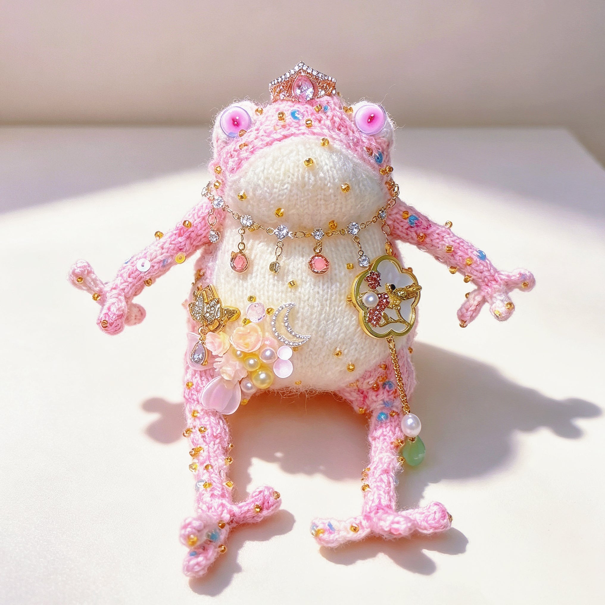 The Crowned Royal Lovers – Set of 2 Hand-Knitted Bejeweled Toads: Pink Princess with Crystal Crown, Star-Moon Charms &amp; Golden Fan, Green Prince with Black Crystal Crown, Gold Chains &amp; Tiny Frog Companion | The Third Space