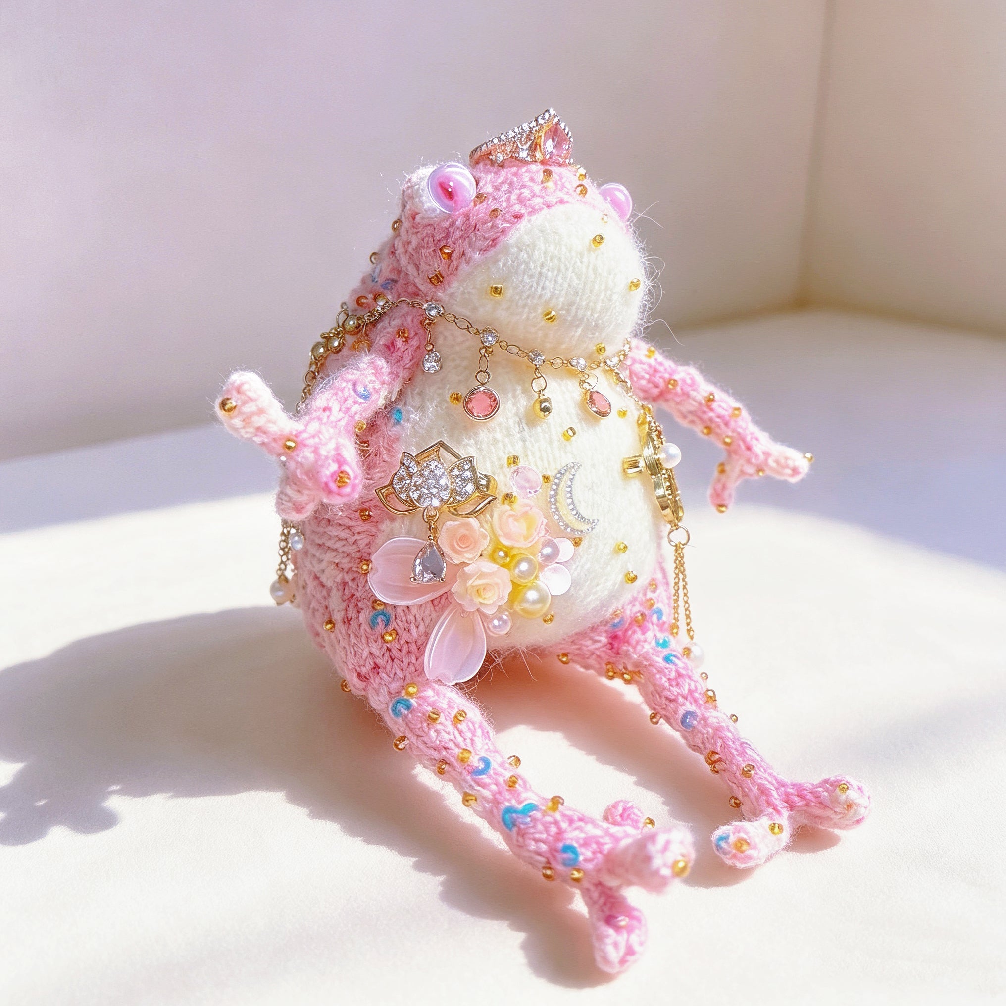The Crowned Royal Lovers – Set of 2 Hand-Knitted Bejeweled Toads: Pink Princess with Crystal Crown, Star-Moon Charms &amp; Golden Fan, Green Prince with Black Crystal Crown, Gold Chains &amp; Tiny Frog Companion | The Third Space