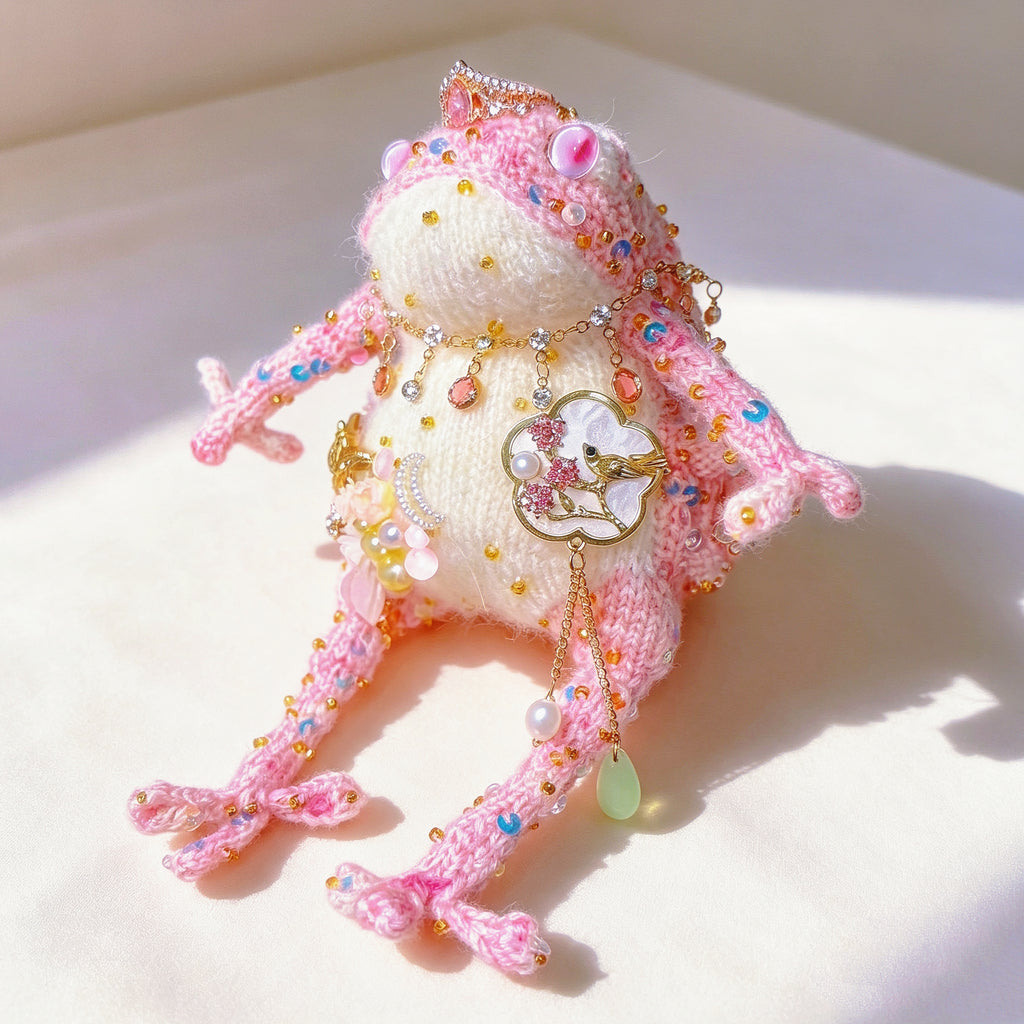 The Crowned Royal Lovers – Set of 2 Hand-Knitted Bejeweled Toads: Pink Princess with Crystal Crown, Star-Moon Charms &amp; Golden Fan, Green Prince with Black Crystal Crown, Gold Chains &amp; Tiny Frog Companion | The Third Space