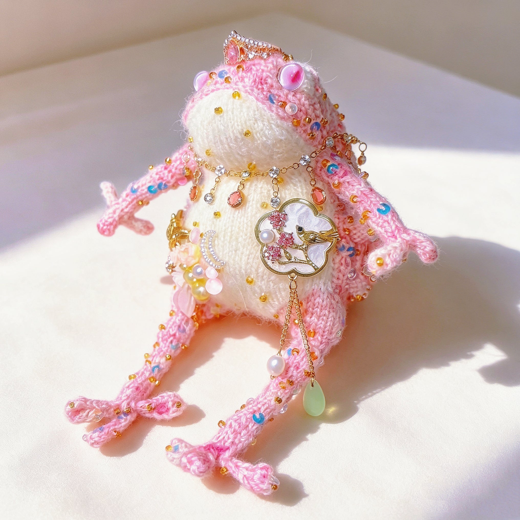 The Crowned Royal Lovers – Set of 2 Hand-Knitted Bejeweled Toads: Pink Princess with Crystal Crown, Star-Moon Charms &amp; Golden Fan, Green Prince with Black Crystal Crown, Gold Chains &amp; Tiny Frog Companion | The Third Space