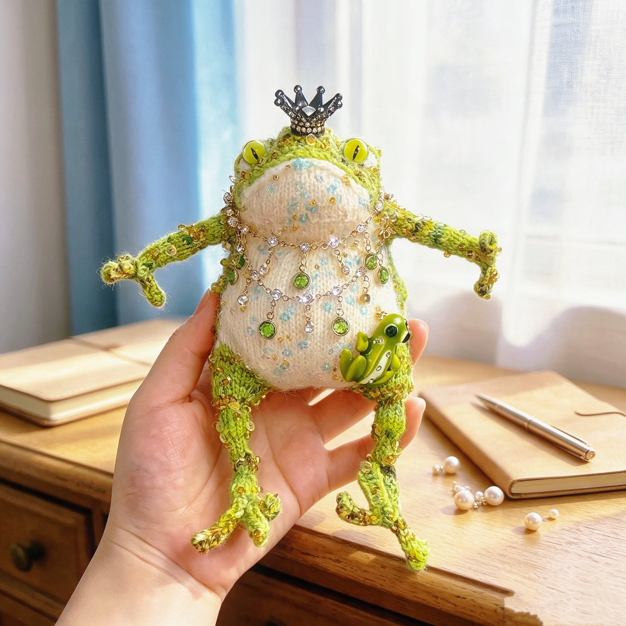 The Crowned Royal Lovers – Set of 2 Hand-Knitted Bejeweled Toads: Pink Princess with Crystal Crown, Star-Moon Charms &amp; Golden Fan, Green Prince with Black Crystal Crown, Gold Chains &amp; Tiny Frog Companion | The Third Space