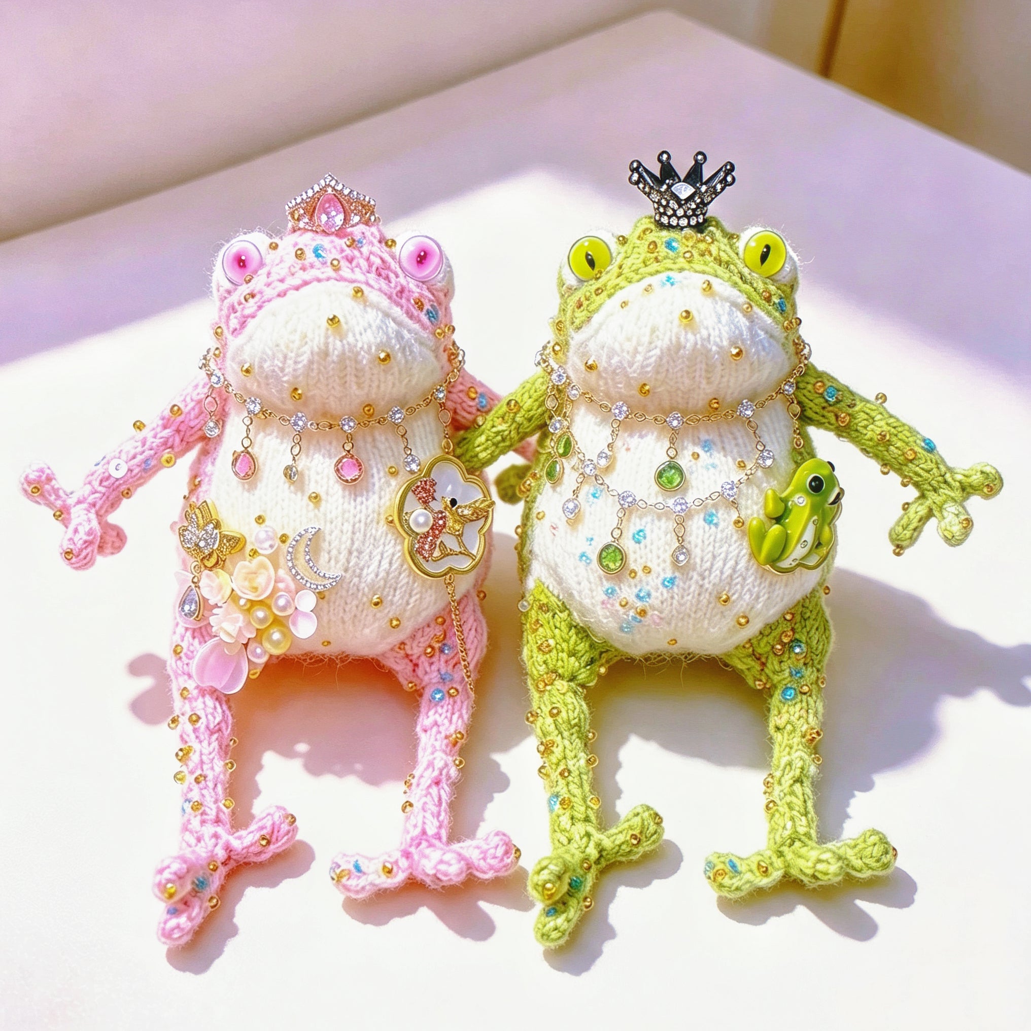 The Crowned Royal Lovers – Set of 2 Hand-Knitted Bejeweled Toads: Pink Princess with Crystal Crown, Star-Moon Charms &amp; Golden Fan, Green Prince with Black Crystal Crown, Gold Chains &amp; Tiny Frog Companion | The Third Space