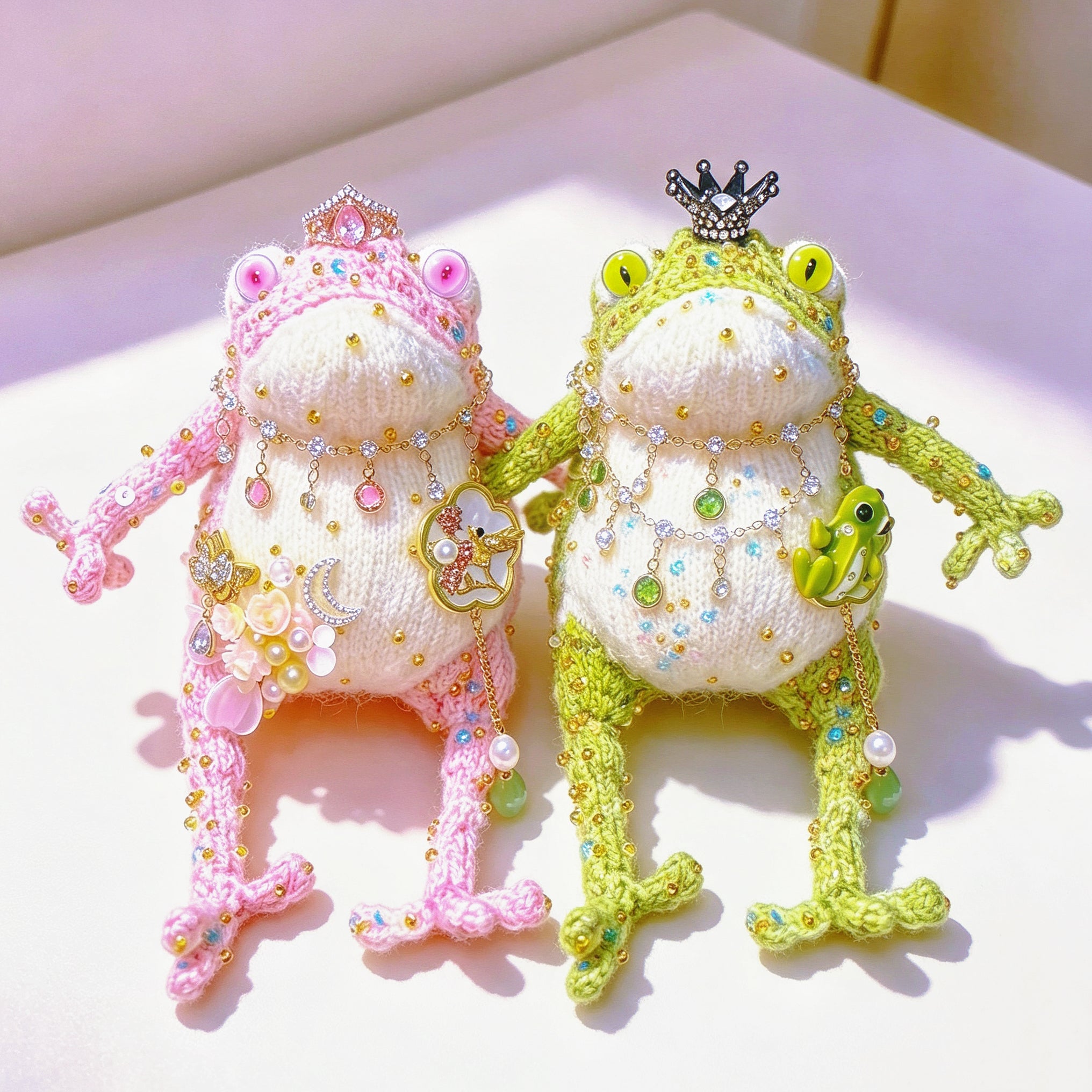 The Crowned Royal Lovers – Set of 2 Hand-Knitted Bejeweled Toads: Pink Princess with Crystal Crown, Star-Moon Charms &amp; Golden Fan, Green Prince with Black Crystal Crown, Gold Chains &amp; Tiny Frog Companion | The Third Space