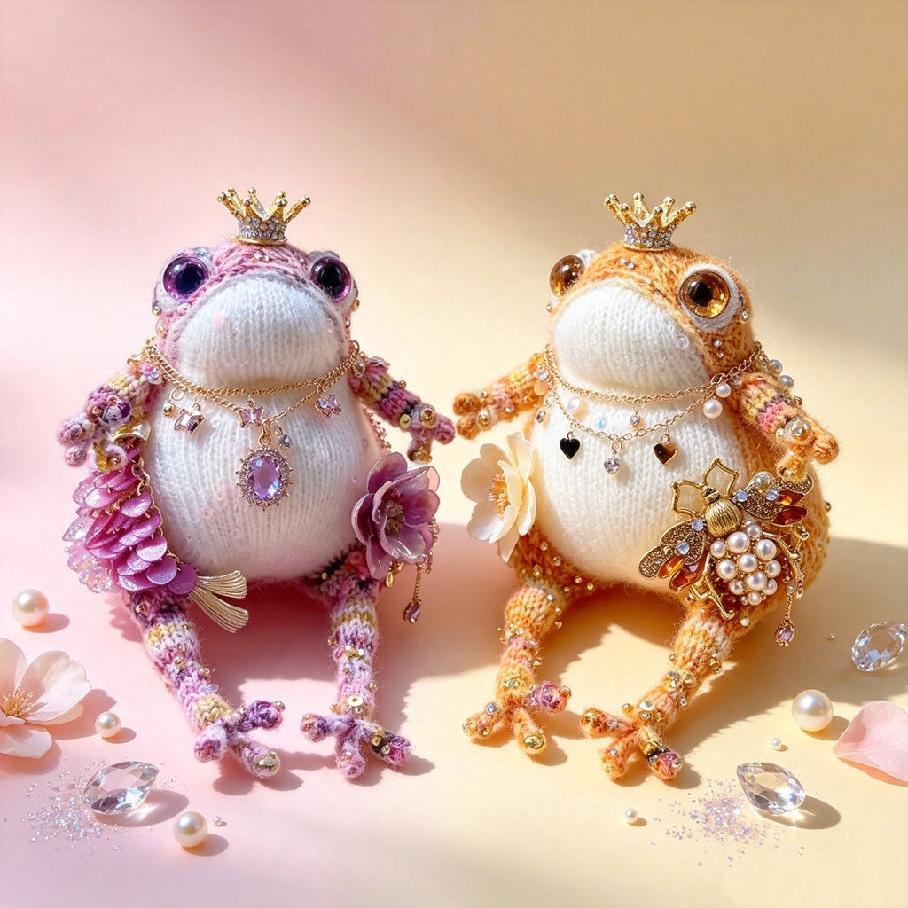 The Royal Toad Duo – A Bejeweled Knitted Toad in Pink-Purple Dream or Golden Honey Glow, Each Crowned &amp; Draped in Pearls, Crystals &amp; Charms (Available Individually or as a Pair) | The Third Space