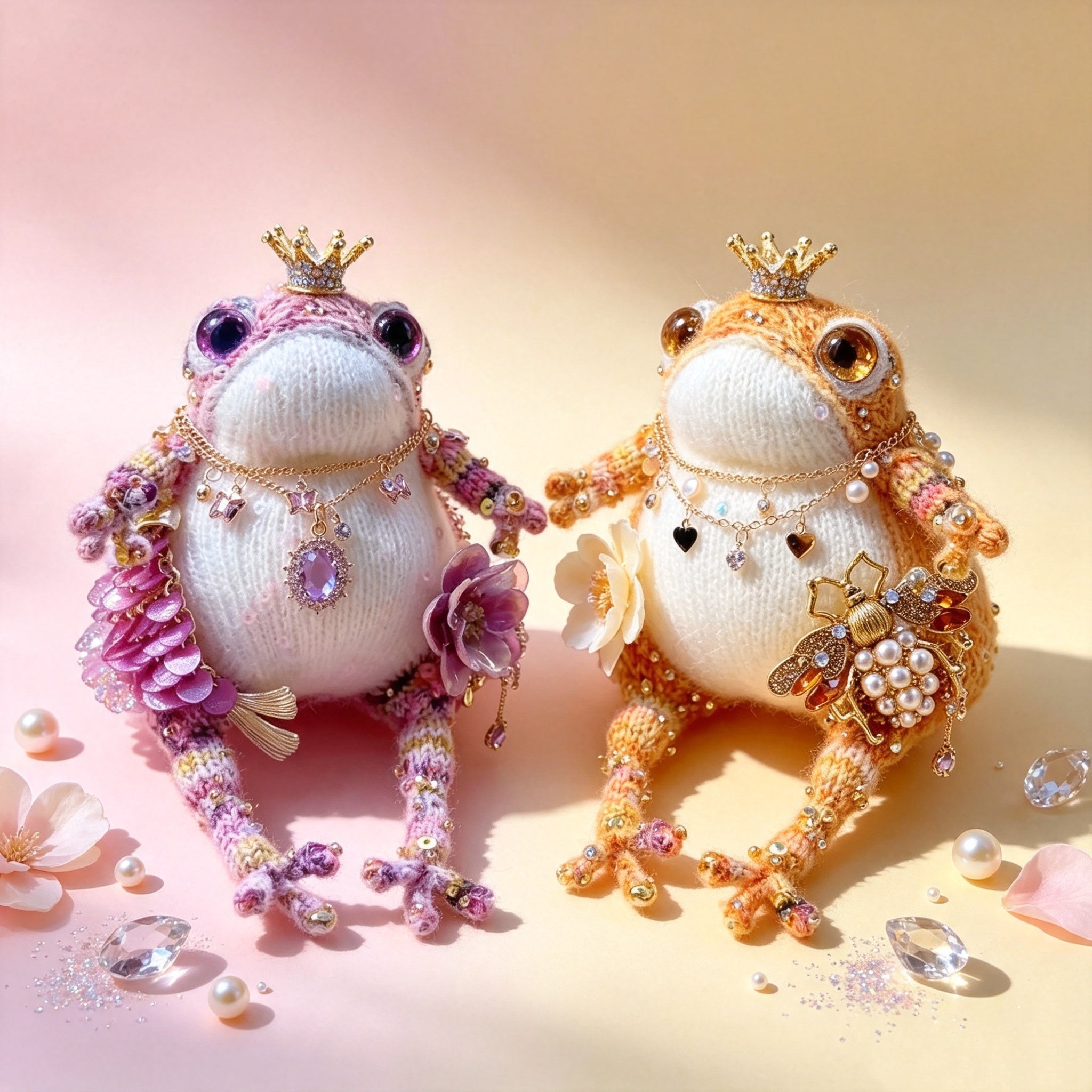 The Royal Toad Duo – A Bejeweled Knitted Toad in Pink-Purple Dream or Golden Honey Glow, Each Crowned &amp; Draped in Pearls, Crystals &amp; Charms (Available Individually or as a Pair) | The Third Space