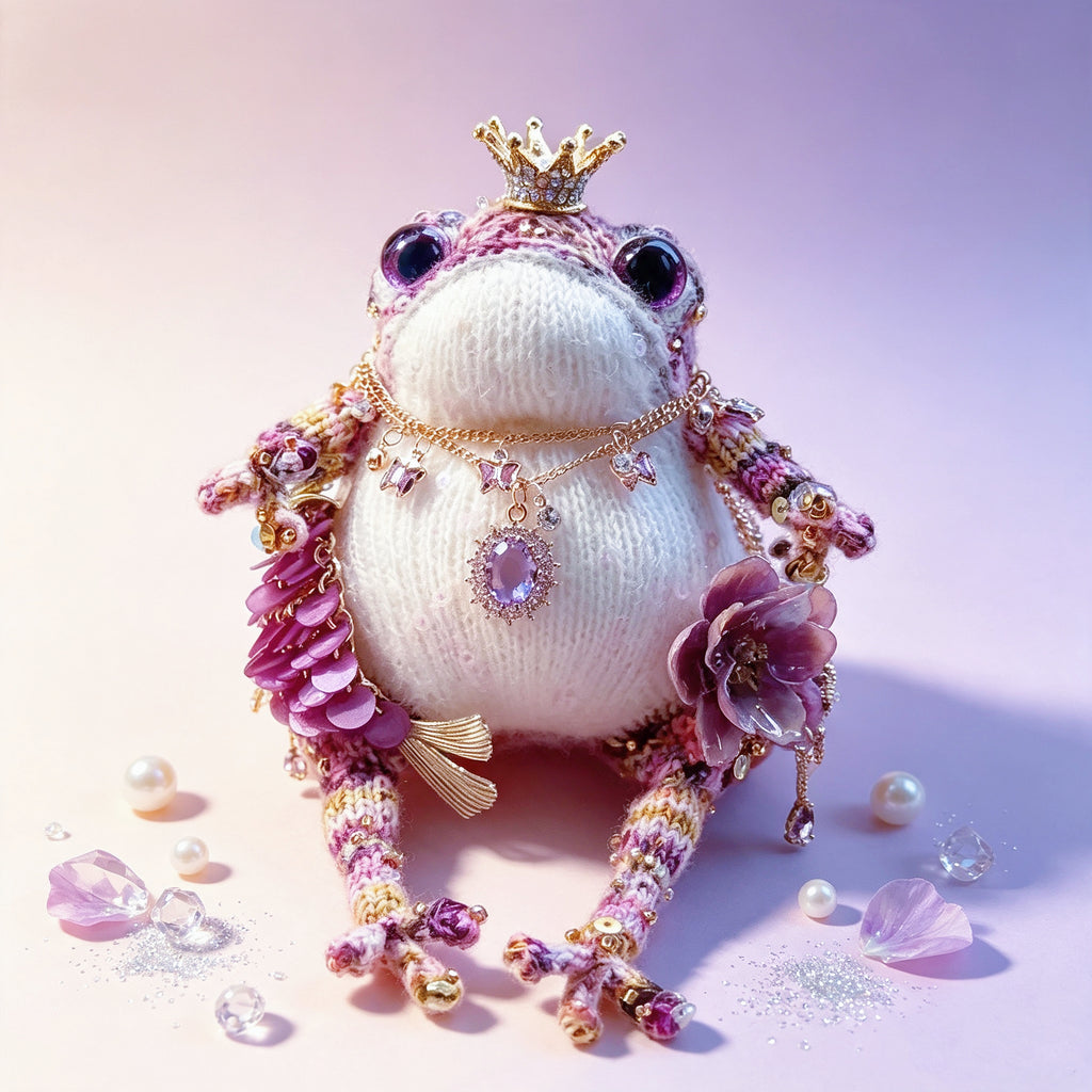The Royal Toad Duo – A Bejeweled Knitted Toad in Pink-Purple Dream or Golden Honey Glow, Each Crowned &amp; Draped in Pearls, Crystals &amp; Charms (Available Individually or as a Pair) | The Third Space