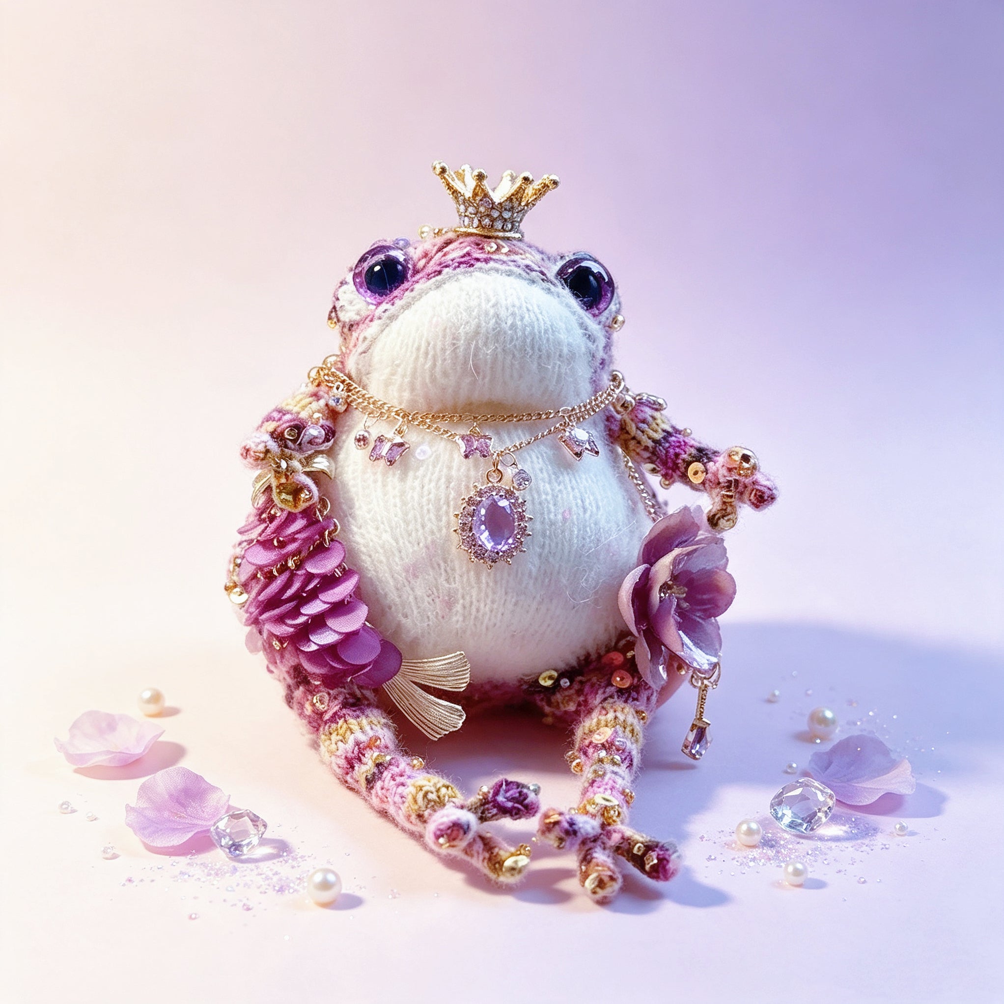 The Royal Toad Duo – A Bejeweled Knitted Toad in Pink-Purple Dream or Golden Honey Glow, Each Crowned &amp; Draped in Pearls, Crystals &amp; Charms (Available Individually or as a Pair) | The Third Space