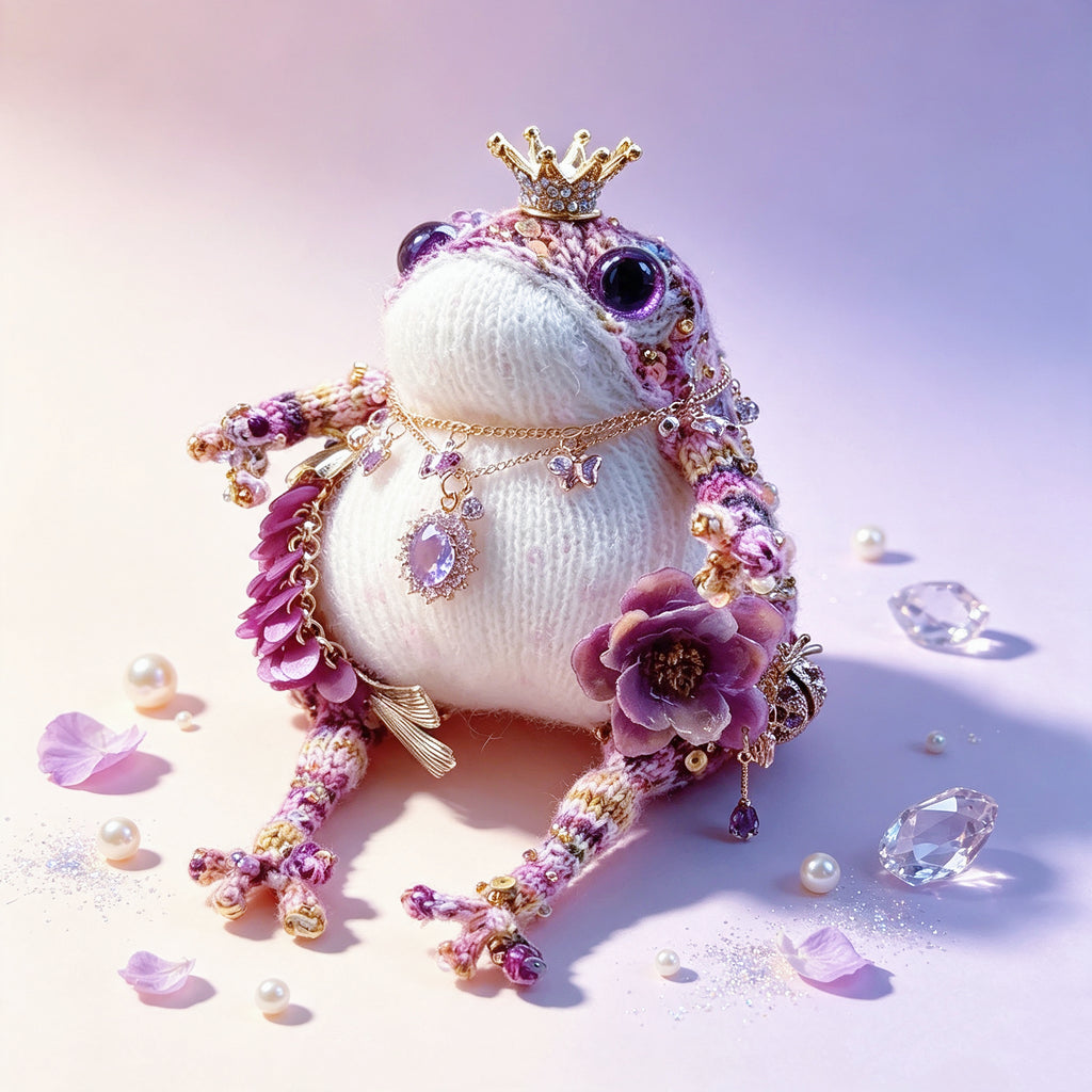 The Royal Toad Duo – A Bejeweled Knitted Toad in Pink-Purple Dream or Golden Honey Glow, Each Crowned &amp; Draped in Pearls, Crystals &amp; Charms (Available Individually or as a Pair) | The Third Space