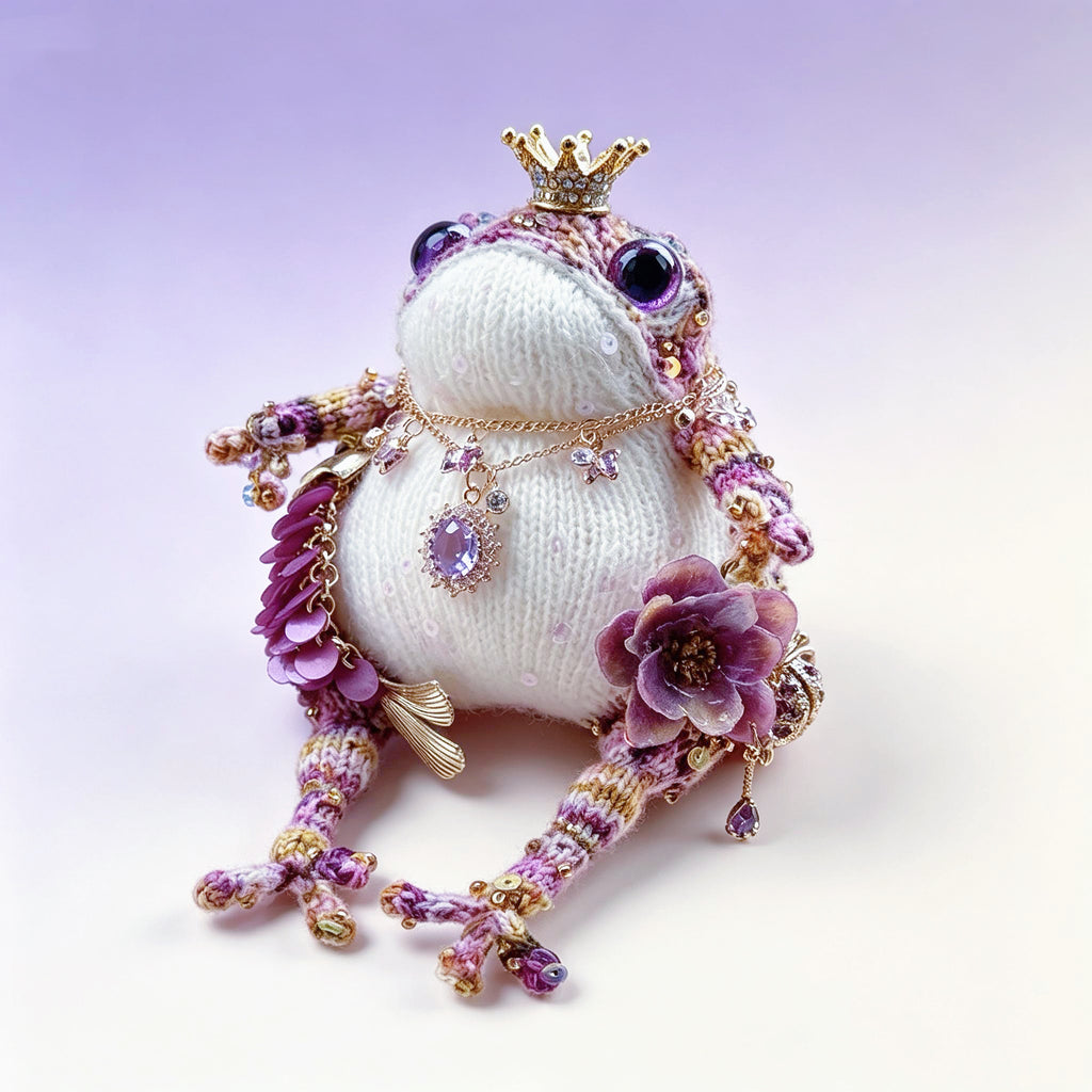 The Royal Toad Duo – A Bejeweled Knitted Toad in Pink-Purple Dream or Golden Honey Glow, Each Crowned &amp; Draped in Pearls, Crystals &amp; Charms (Available Individually or as a Pair) | The Third Space