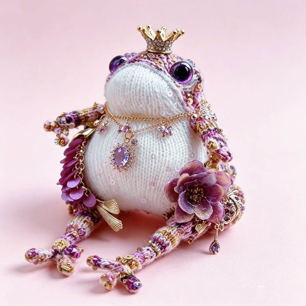 The Royal Toad Duo – A Bejeweled Knitted Toad in Pink-Purple Dream or Golden Honey Glow, Each Crowned &amp; Draped in Pearls, Crystals &amp; Charms (Available Individually or as a Pair) | The Third Space