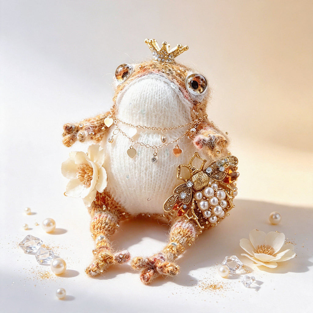 The Royal Toad Duo – A Bejeweled Knitted Toad in Pink-Purple Dream or Golden Honey Glow, Each Crowned &amp; Draped in Pearls, Crystals &amp; Charms (Available Individually or as a Pair) | The Third Space