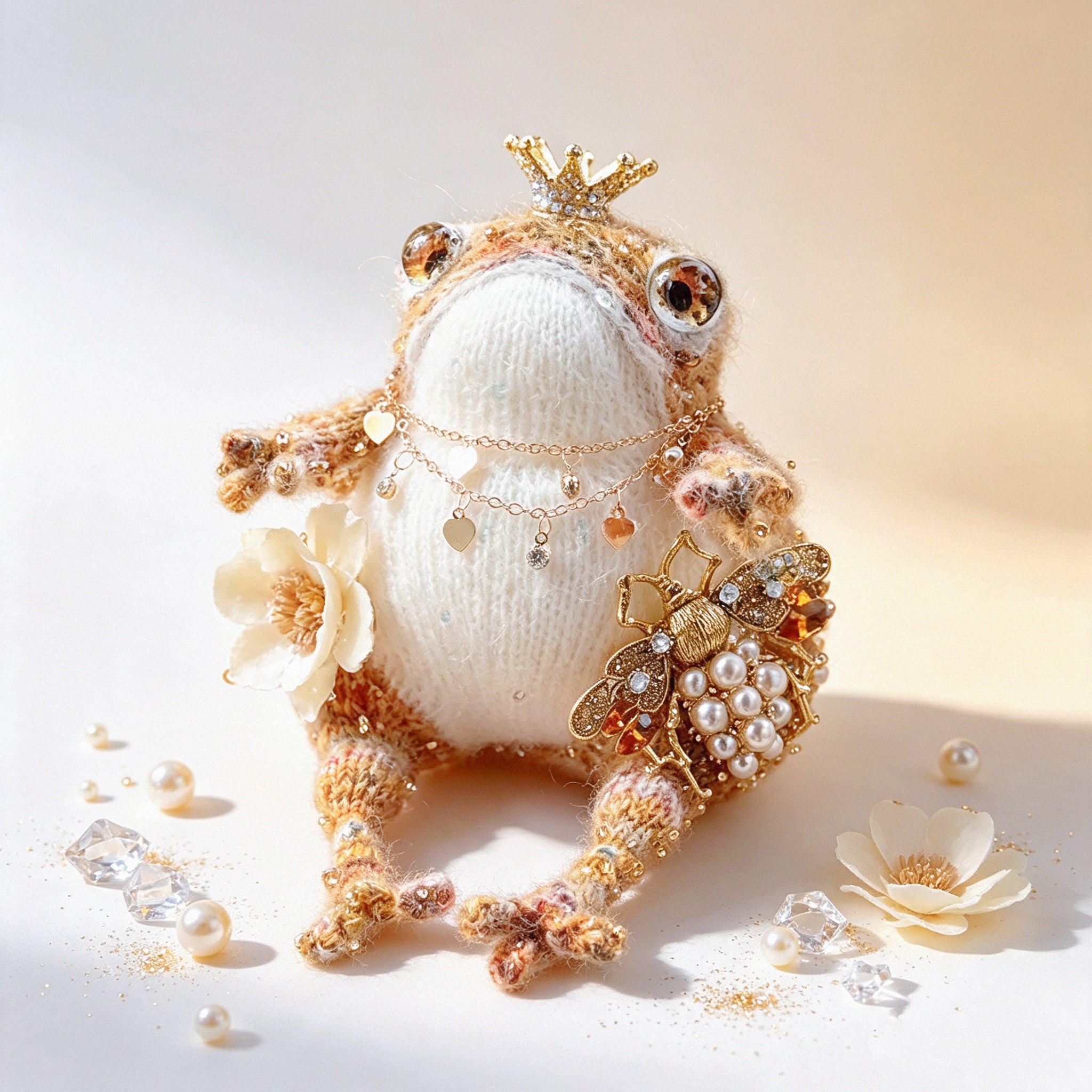 The Royal Toad Duo – A Bejeweled Knitted Toad in Pink-Purple Dream or Golden Honey Glow, Each Crowned &amp; Draped in Pearls, Crystals &amp; Charms (Available Individually or as a Pair) | The Third Space