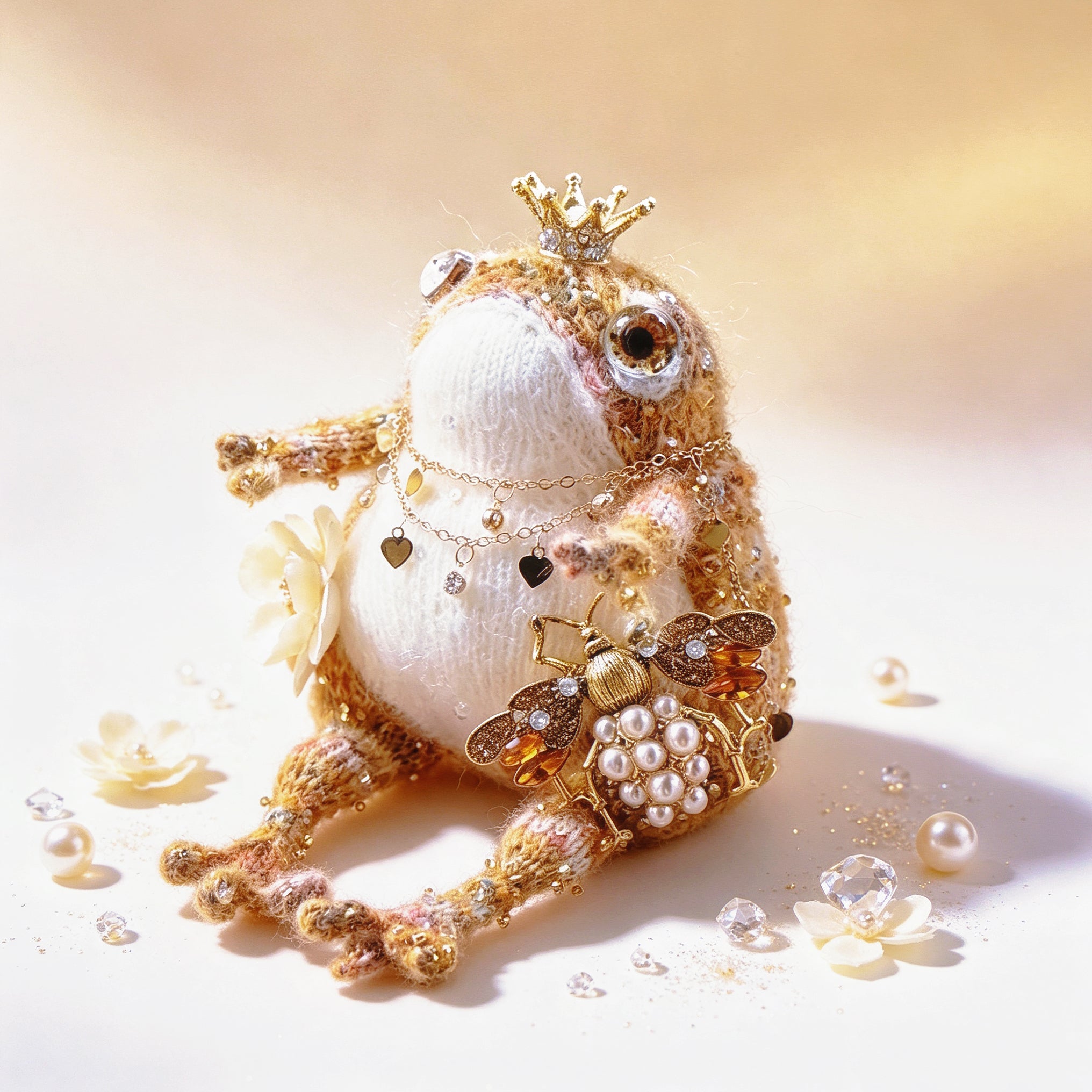 The Royal Toad Duo – A Bejeweled Knitted Toad in Pink-Purple Dream or Golden Honey Glow, Each Crowned &amp; Draped in Pearls, Crystals &amp; Charms (Available Individually or as a Pair) | The Third Space