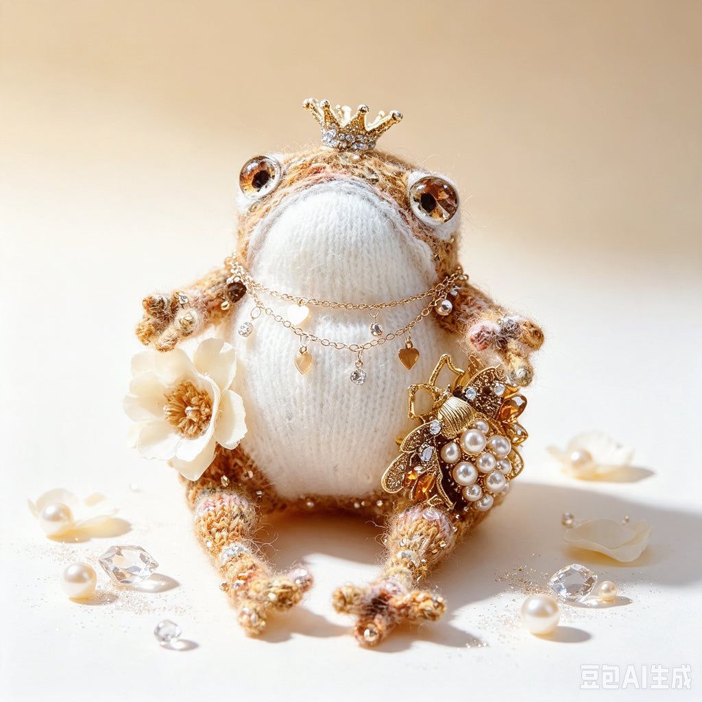 The Royal Toad Duo – A Bejeweled Knitted Toad in Pink-Purple Dream or Golden Honey Glow, Each Crowned &amp; Draped in Pearls, Crystals &amp; Charms (Available Individually or as a Pair) | The Third Space