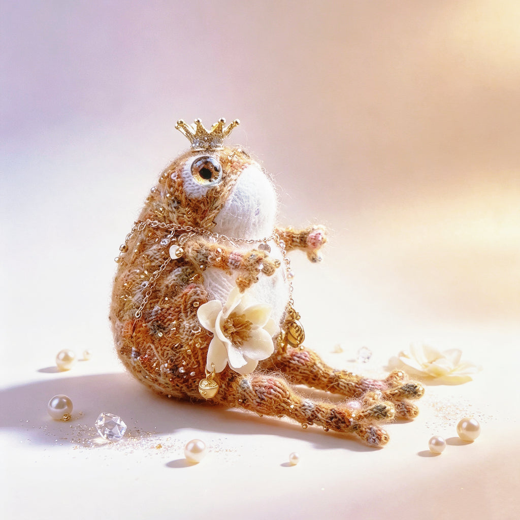 The Royal Toad Duo – A Bejeweled Knitted Toad in Pink-Purple Dream or Golden Honey Glow, Each Crowned &amp; Draped in Pearls, Crystals &amp; Charms (Available Individually or as a Pair) | The Third Space