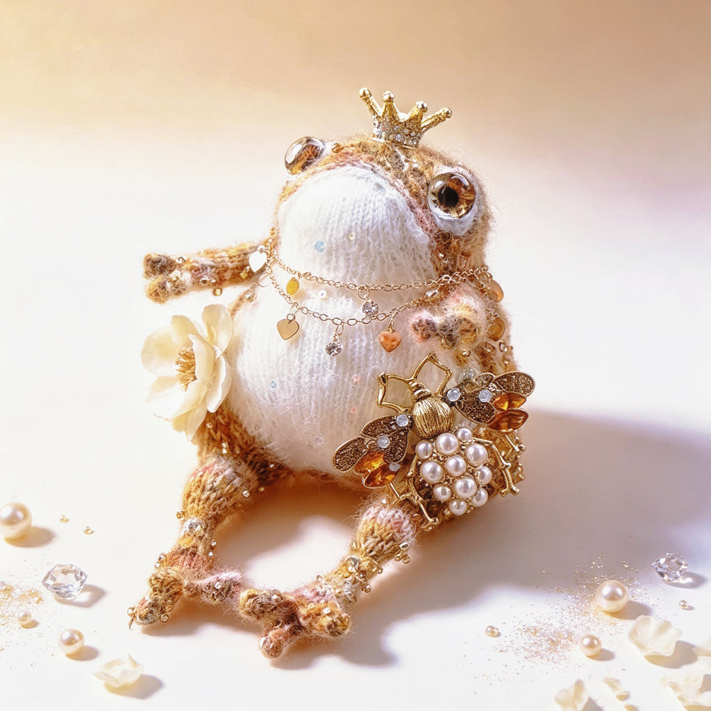 The Royal Toad Duo – A Bejeweled Knitted Toad in Pink-Purple Dream or Golden Honey Glow, Each Crowned &amp; Draped in Pearls, Crystals &amp; Charms (Available Individually or as a Pair) | The Third Space