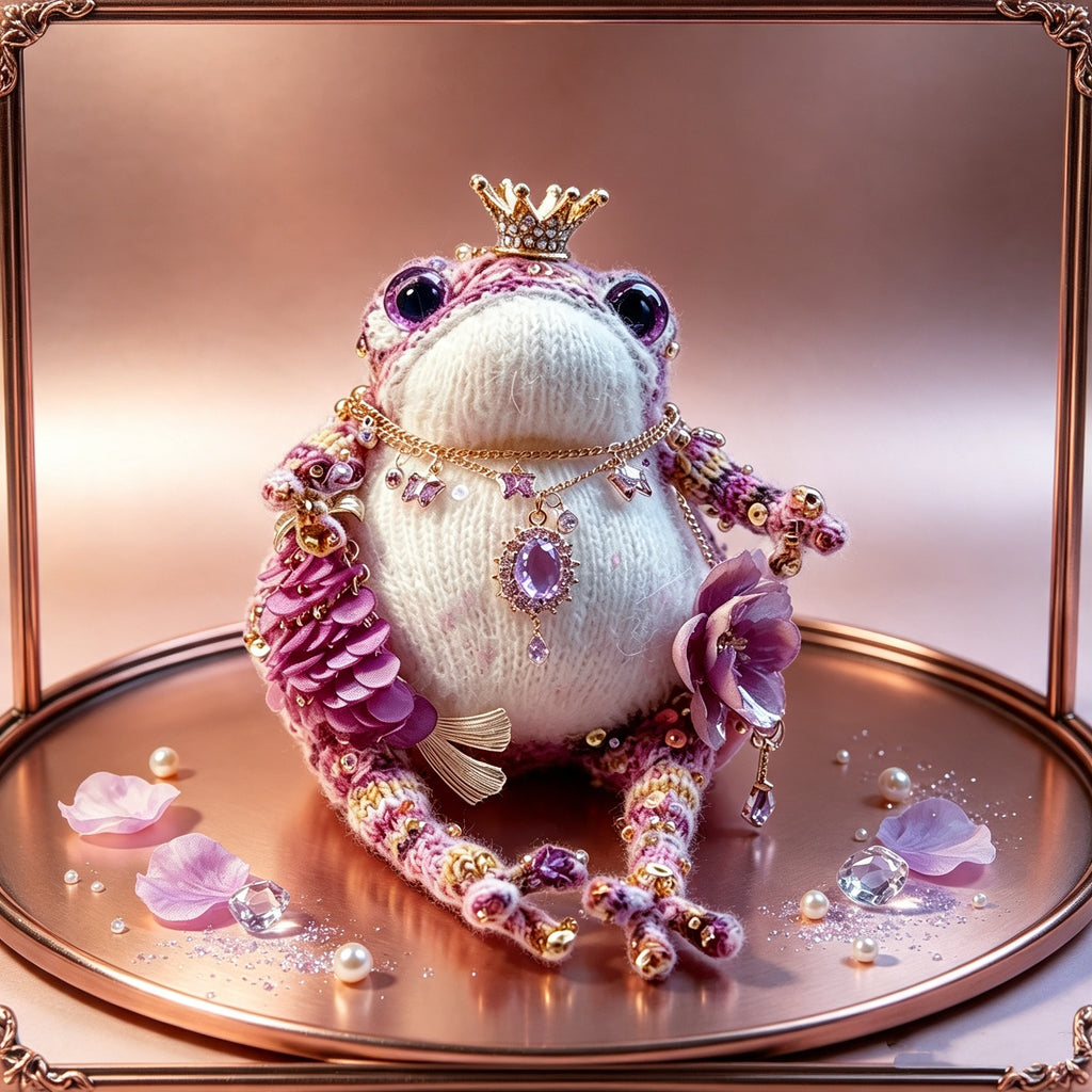 The Royal Toad Duo – A Bejeweled Knitted Toad in Pink-Purple Dream or Golden Honey Glow, Each Crowned &amp; Draped in Pearls, Crystals &amp; Charms (Available Individually or as a Pair) | The Third Space