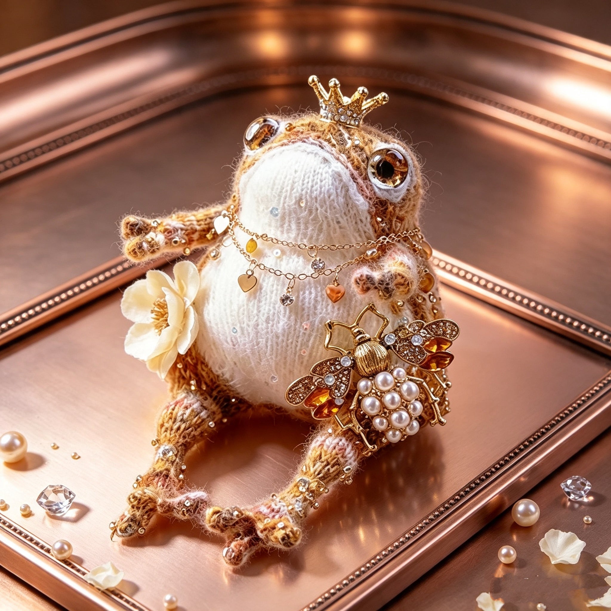 The Royal Toad Duo – A Bejeweled Knitted Toad in Pink-Purple Dream or Golden Honey Glow, Each Crowned &amp; Draped in Pearls, Crystals &amp; Charms (Available Individually or as a Pair) | The Third Space