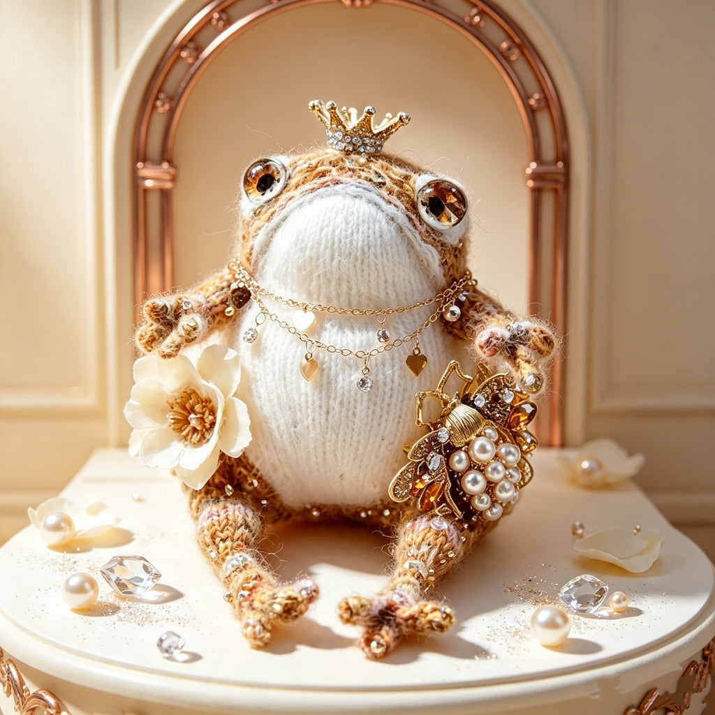 The Royal Toad Duo – A Bejeweled Knitted Toad in Pink-Purple Dream or Golden Honey Glow, Each Crowned &amp; Draped in Pearls, Crystals &amp; Charms (Available Individually or as a Pair) | The Third Space