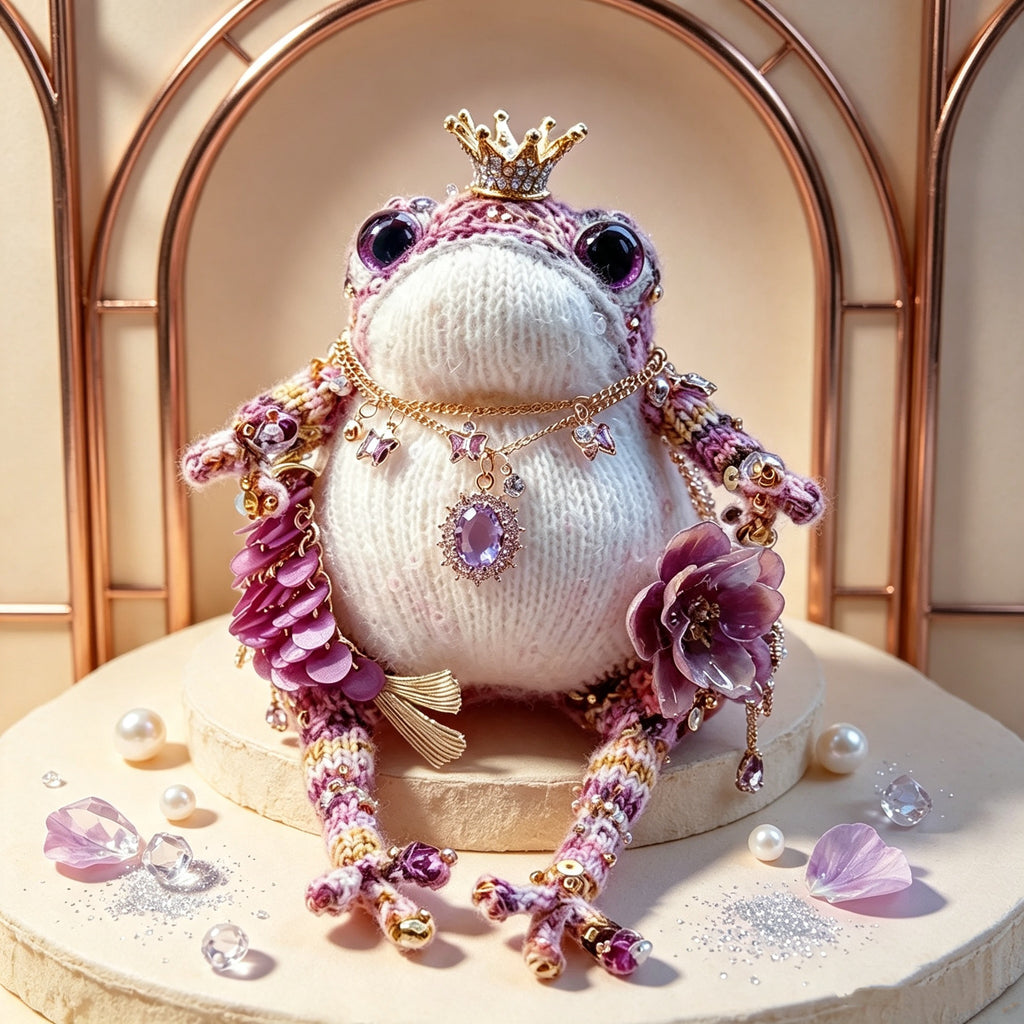 The Royal Toad Duo – A Bejeweled Knitted Toad in Pink-Purple Dream or Golden Honey Glow, Each Crowned &amp; Draped in Pearls, Crystals &amp; Charms (Available Individually or as a Pair) | The Third Space