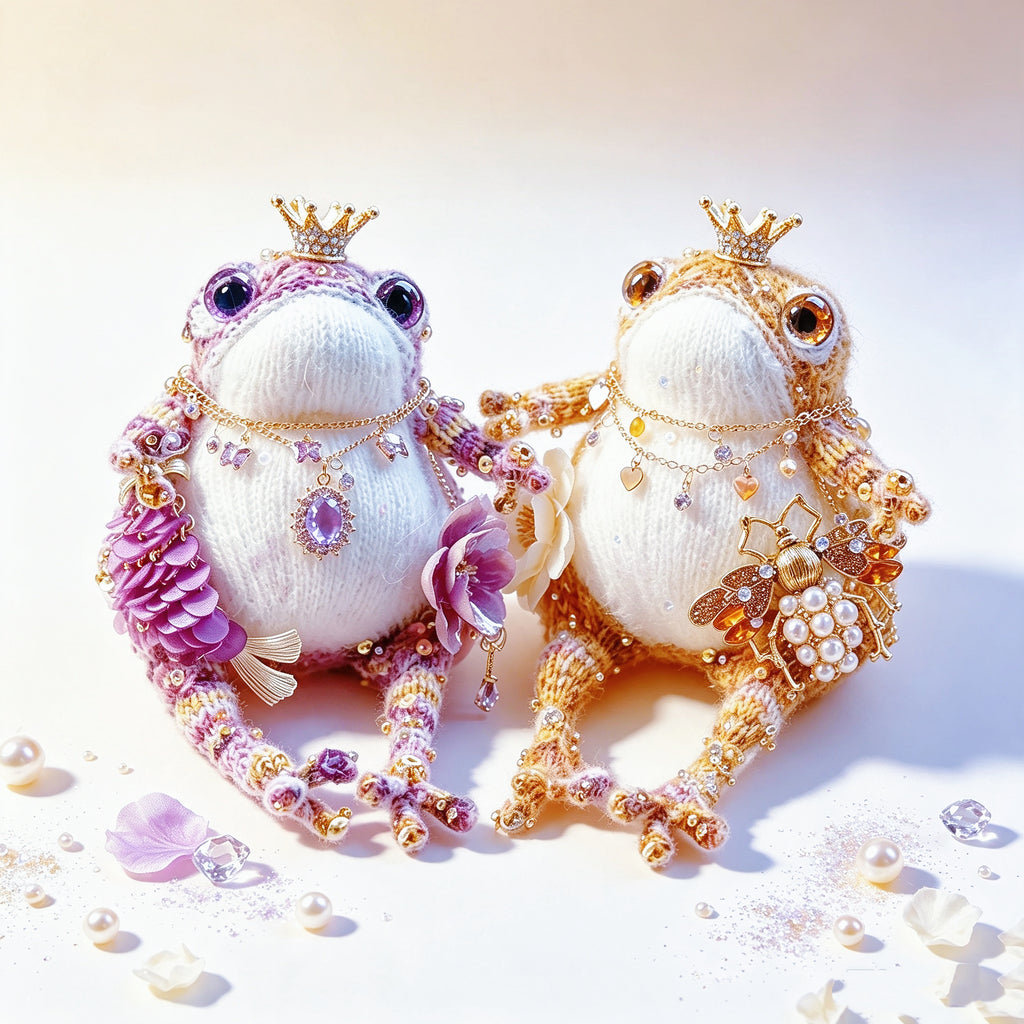 The Royal Toad Duo – A Bejeweled Knitted Toad in Pink-Purple Dream or Golden Honey Glow, Each Crowned &amp; Draped in Pearls, Crystals &amp; Charms (Available Individually or as a Pair) | The Third Space
