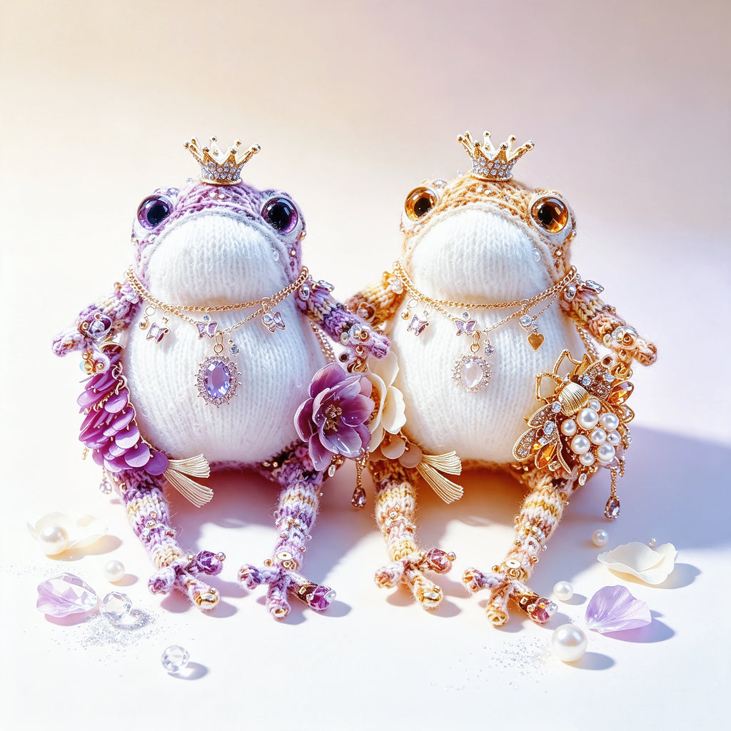 The Royal Toad Duo – A Bejeweled Knitted Toad in Pink-Purple Dream or Golden Honey Glow, Each Crowned &amp; Draped in Pearls, Crystals &amp; Charms (Available Individually or as a Pair) | The Third Space
