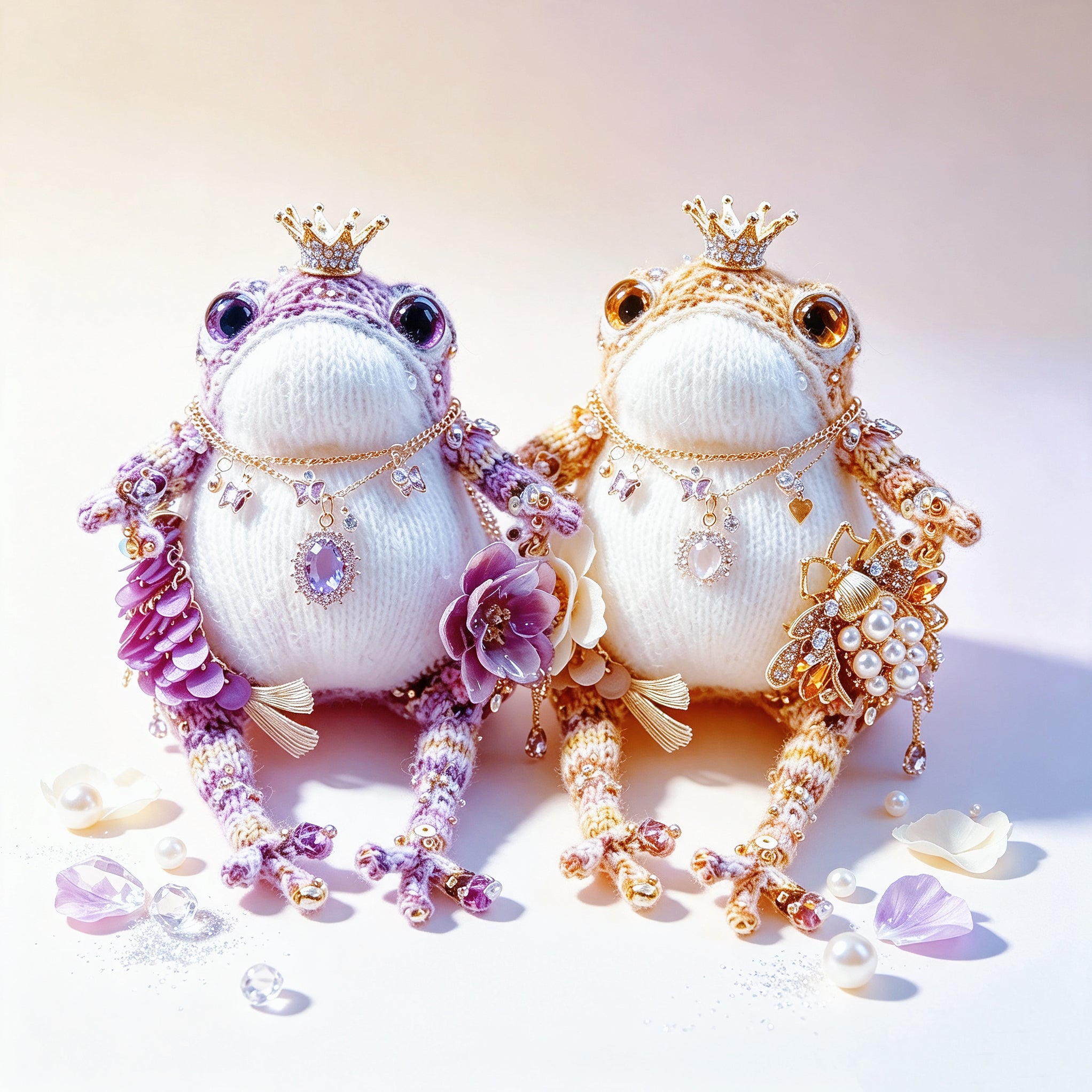 The Royal Toad Duo – A Bejeweled Knitted Toad in Pink-Purple Dream or Golden Honey Glow, Each Crowned &amp; Draped in Pearls, Crystals &amp; Charms (Available Individually or as a Pair) | The Third Space