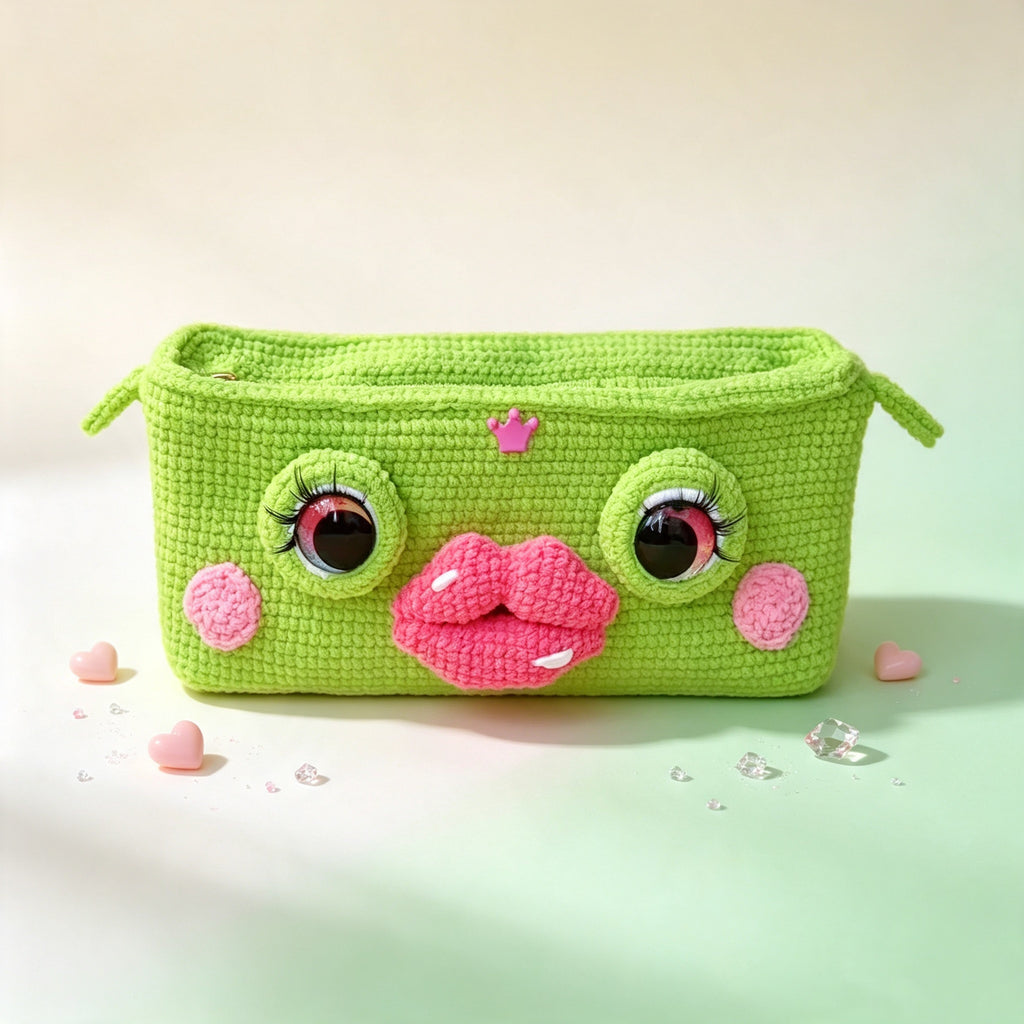 The Pouty Froggy Set – 3-Piece Hand-Crocheted Stationery Set: Frog Pencil Holder, Frog Pencil Case &amp; Frog Bookmark, Each with Googly Eyes, Pouty Pink Lips &amp; Maximum Personality | The Third Space