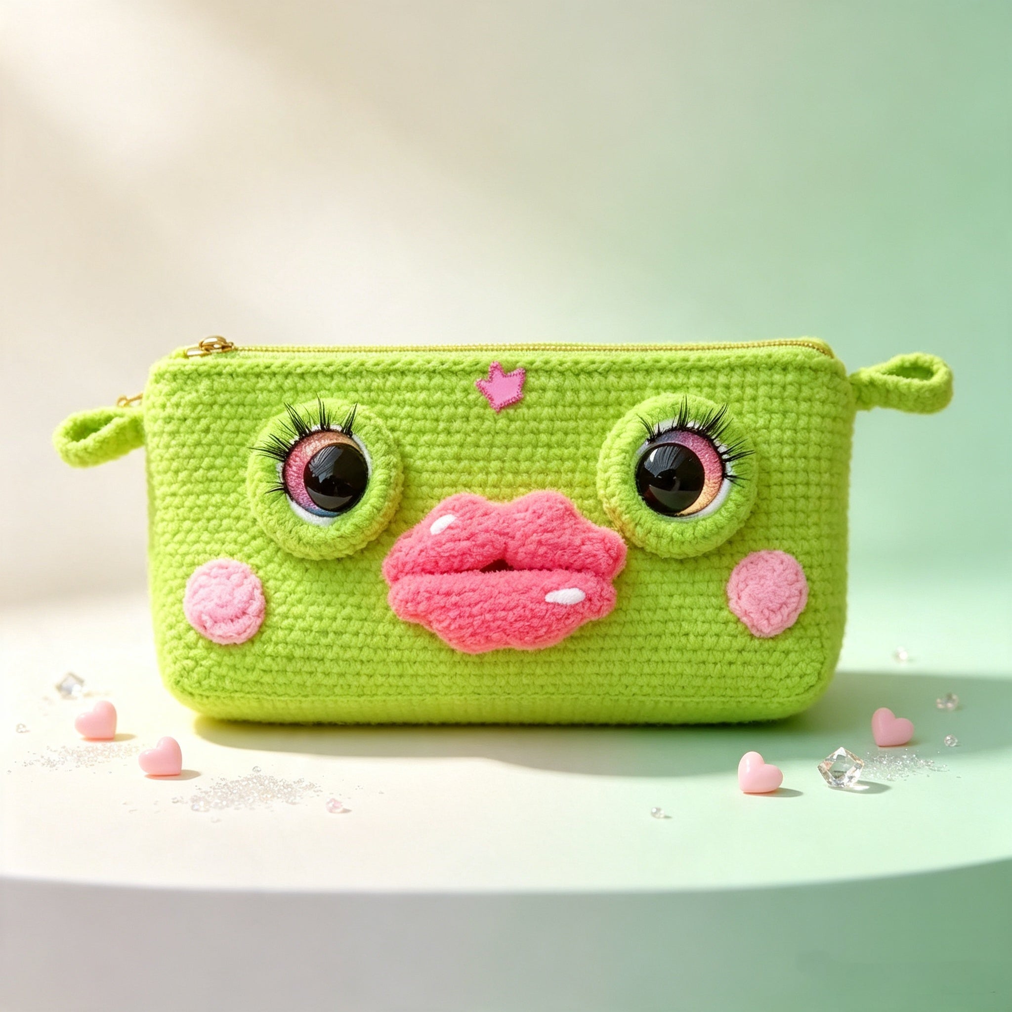 The Pouty Froggy Set – 3-Piece Hand-Crocheted Stationery Set: Frog Pencil Holder, Frog Pencil Case &amp; Frog Bookmark, Each with Googly Eyes, Pouty Pink Lips &amp; Maximum Personality | The Third Space