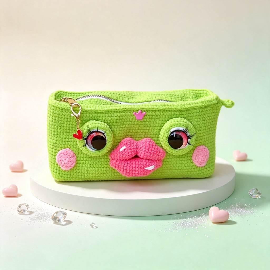 The Pouty Froggy Set – 3-Piece Hand-Crocheted Stationery Set: Frog Pencil Holder, Frog Pencil Case &amp; Frog Bookmark, Each with Googly Eyes, Pouty Pink Lips &amp; Maximum Personality | The Third Space