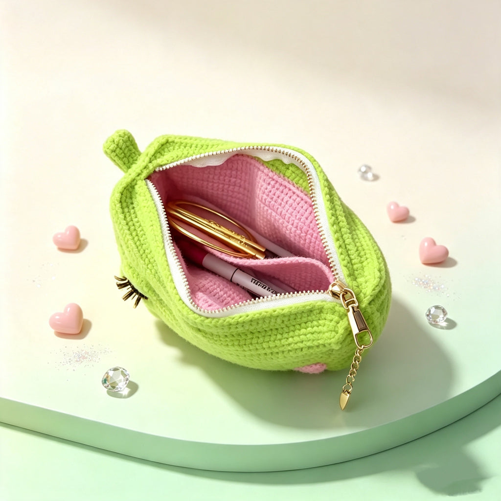 The Pouty Froggy Set – 3-Piece Hand-Crocheted Stationery Set: Frog Pencil Holder, Frog Pencil Case &amp; Frog Bookmark, Each with Googly Eyes, Pouty Pink Lips &amp; Maximum Personality | The Third Space