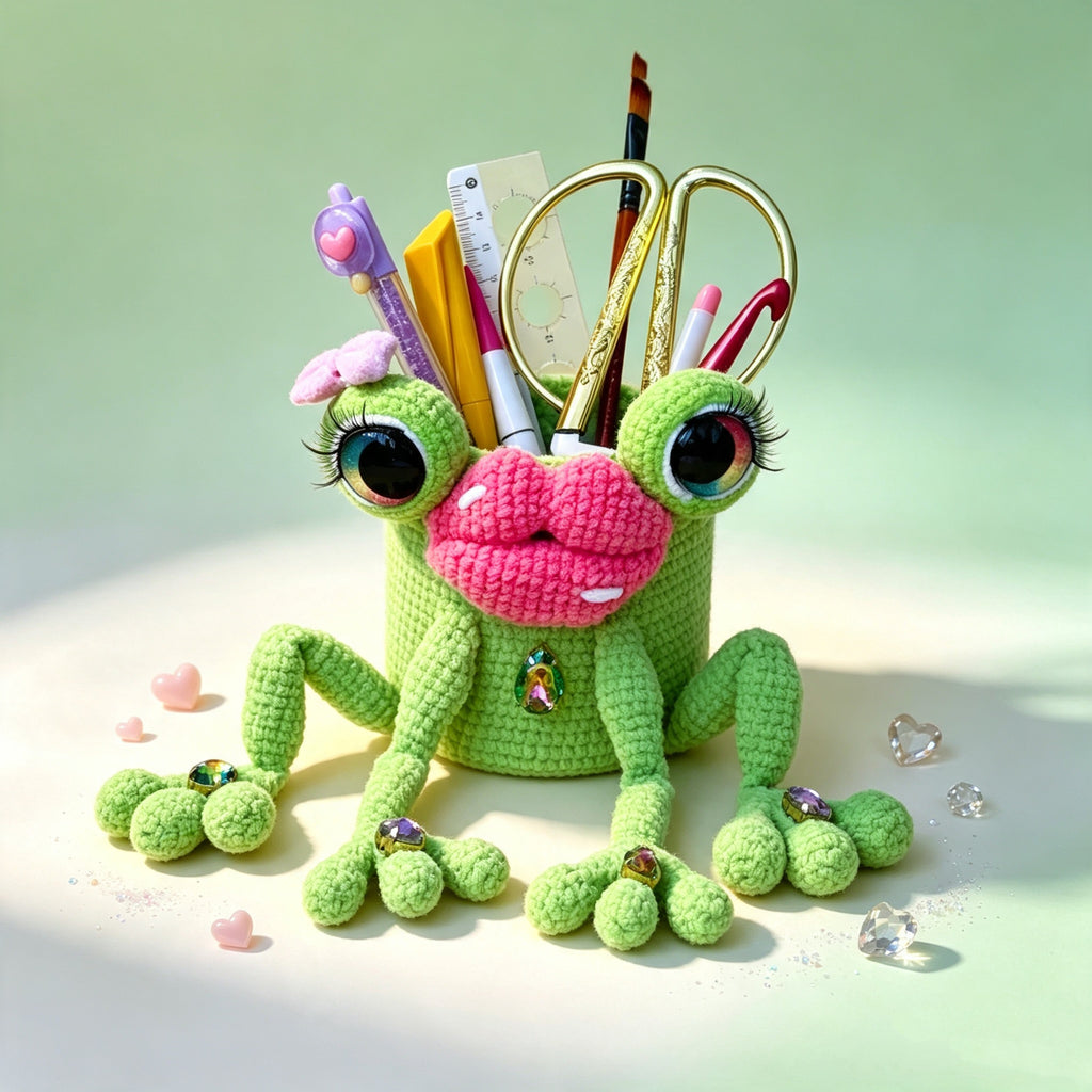 The Pouty Froggy Set – 3-Piece Hand-Crocheted Stationery Set: Frog Pencil Holder, Frog Pencil Case &amp; Frog Bookmark, Each with Googly Eyes, Pouty Pink Lips &amp; Maximum Personality | The Third Space