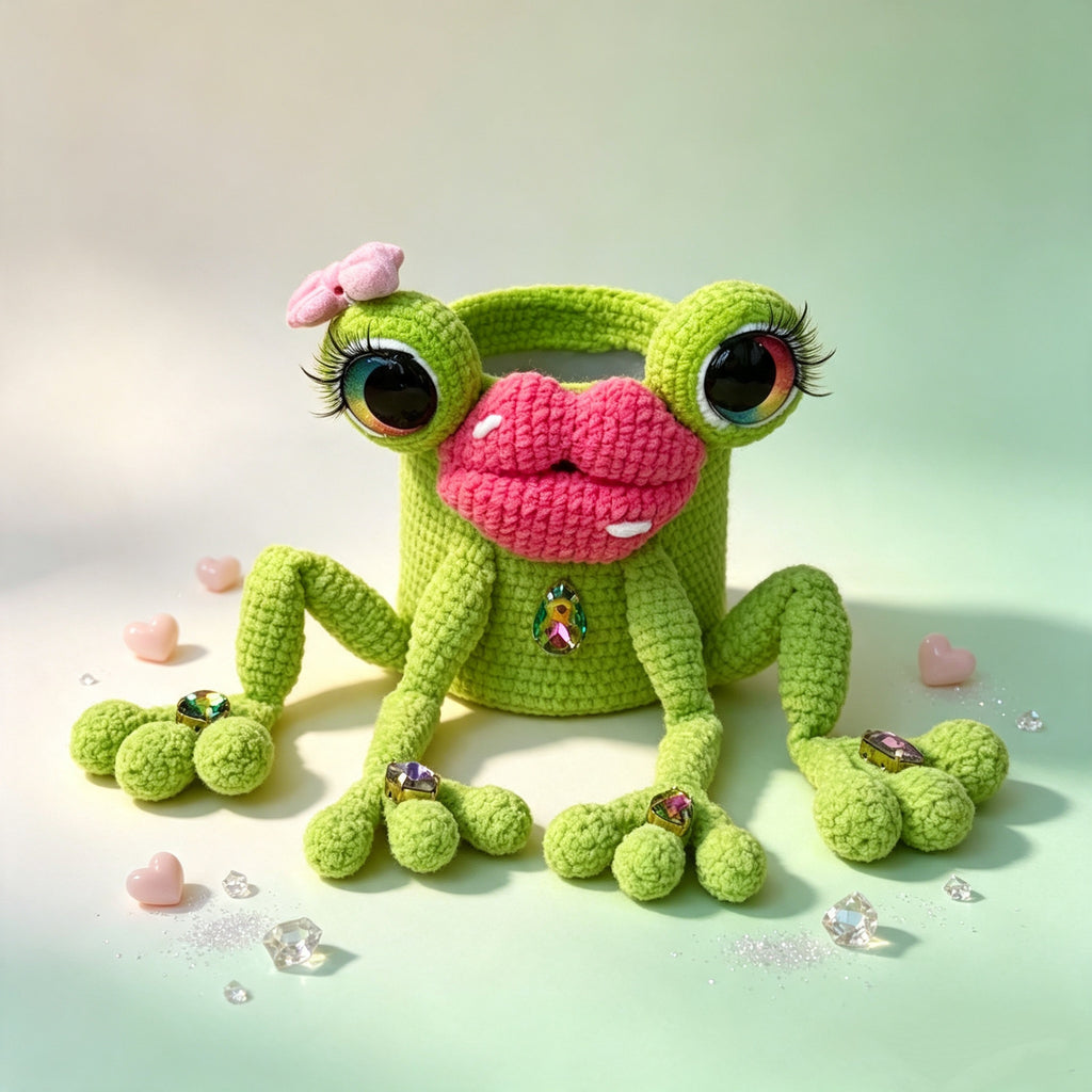 The Pouty Froggy Set – 3-Piece Hand-Crocheted Stationery Set: Frog Pencil Holder, Frog Pencil Case &amp; Frog Bookmark, Each with Googly Eyes, Pouty Pink Lips &amp; Maximum Personality | The Third Space