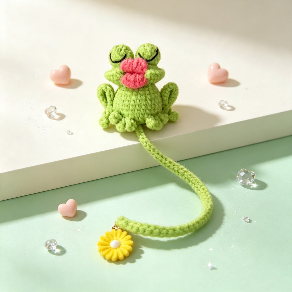 The Pouty Froggy Set – 3-Piece Hand-Crocheted Stationery Set: Frog Pencil Holder, Frog Pencil Case &amp; Frog Bookmark, Each with Googly Eyes, Pouty Pink Lips &amp; Maximum Personality | The Third Space