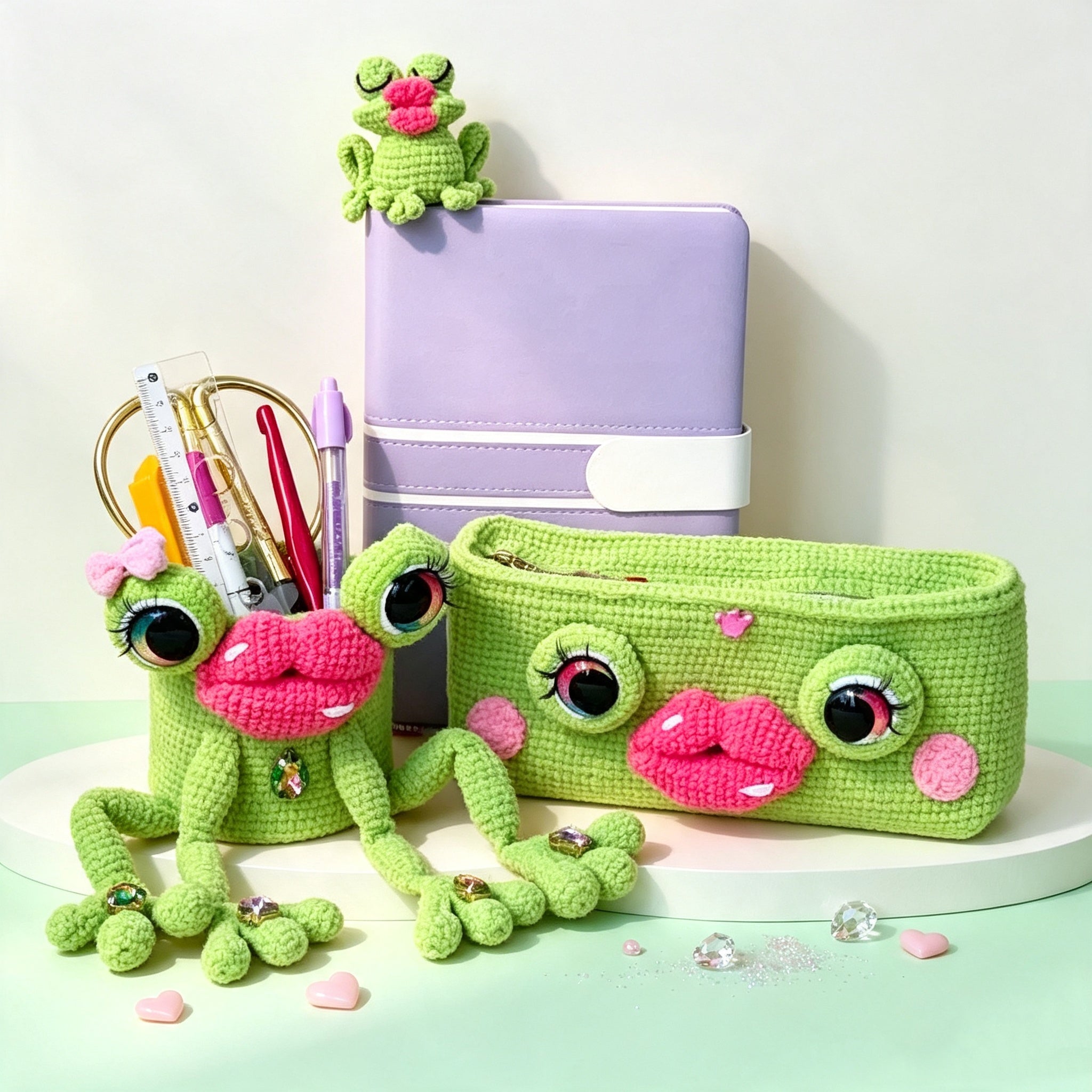 The Pouty Froggy Set – 3-Piece Hand-Crocheted Stationery Set: Frog Pencil Holder, Frog Pencil Case &amp; Frog Bookmark, Each with Googly Eyes, Pouty Pink Lips &amp; Maximum Personality | The Third Space