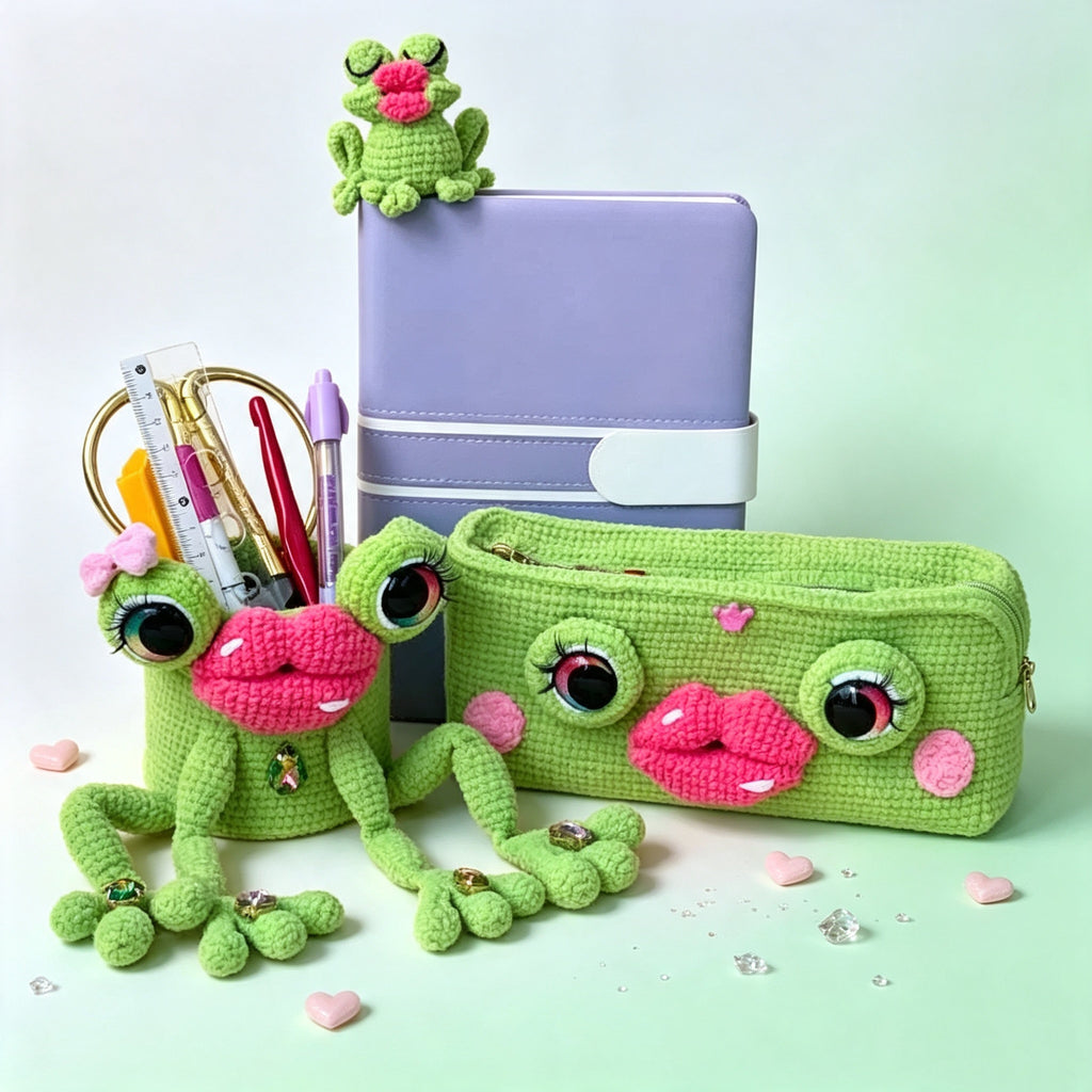 The Pouty Froggy Set – 3-Piece Hand-Crocheted Stationery Set: Frog Pencil Holder, Frog Pencil Case &amp; Frog Bookmark, Each with Googly Eyes, Pouty Pink Lips &amp; Maximum Personality | The Third Space