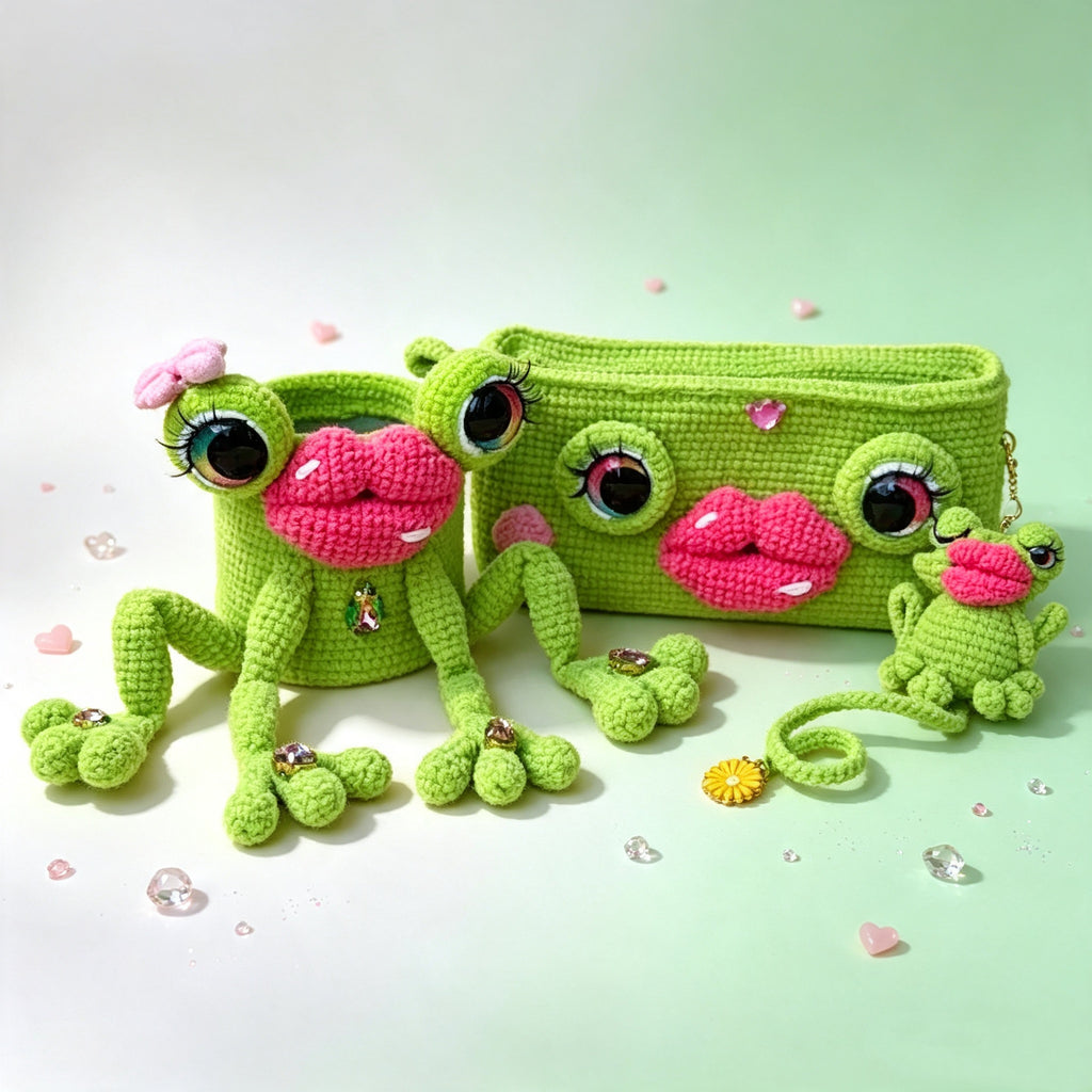 The Pouty Froggy Set – 3-Piece Hand-Crocheted Stationery Set: Frog Pencil Holder, Frog Pencil Case &amp; Frog Bookmark, Each with Googly Eyes, Pouty Pink Lips &amp; Maximum Personality | The Third Space