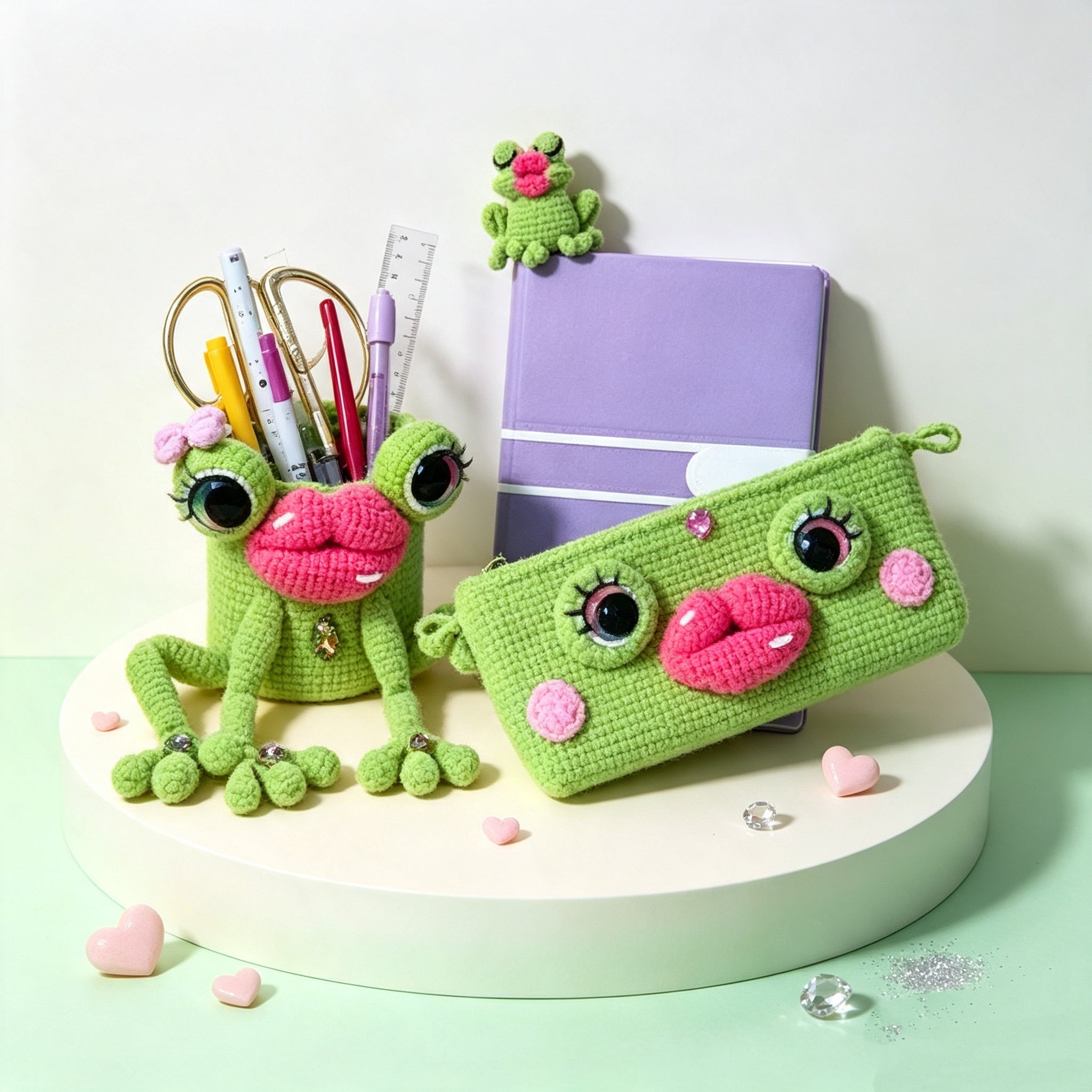 The Pouty Froggy Set – 3-Piece Hand-Crocheted Stationery Set: Frog Pencil Holder, Frog Pencil Case &amp; Frog Bookmark, Each with Googly Eyes, Pouty Pink Lips &amp; Maximum Personality | The Third Space